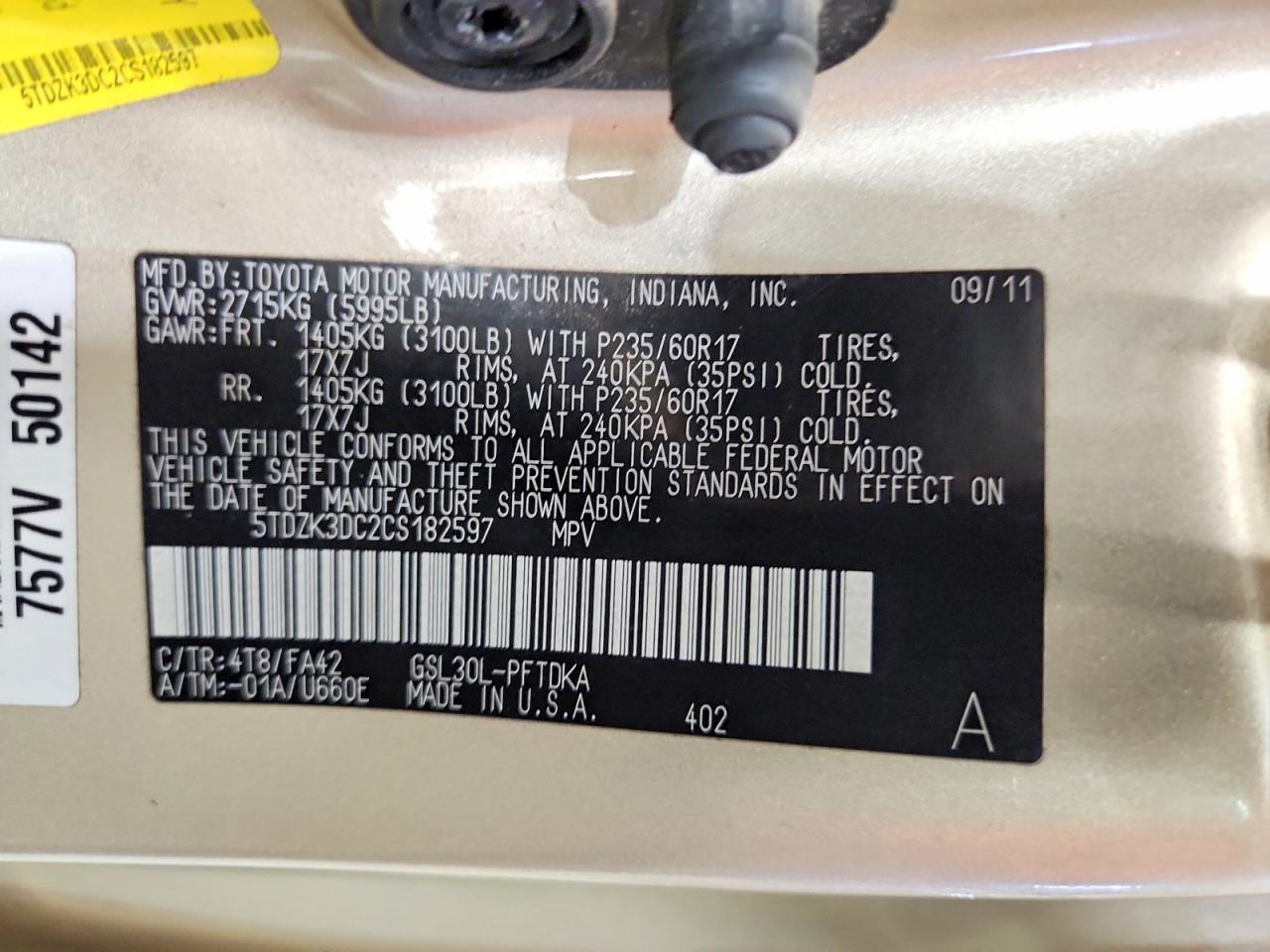 2012 Toyota Sienna Base 7-passenger Beige vin: 5TDZK3DC2CS182597