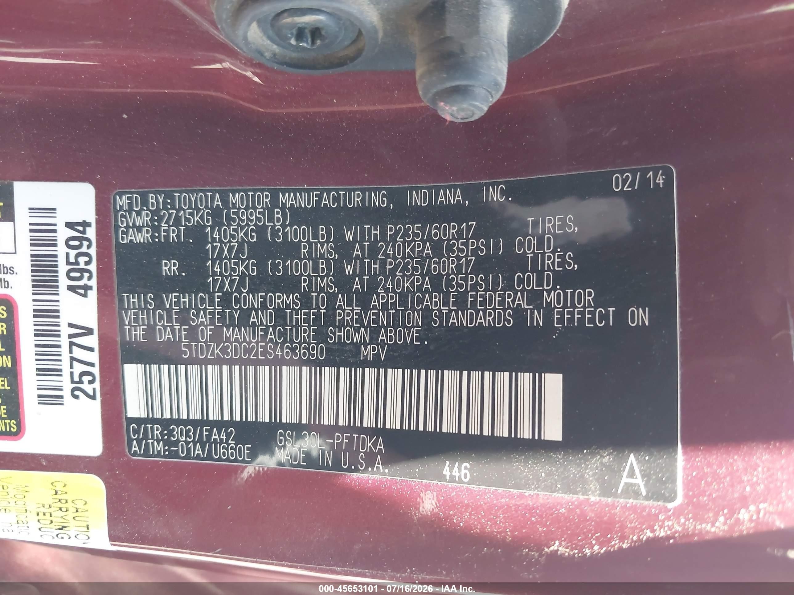 2014 Toyota Sienna L V6 7 Passenger Red vin: 5TDZK3DC2ES463690