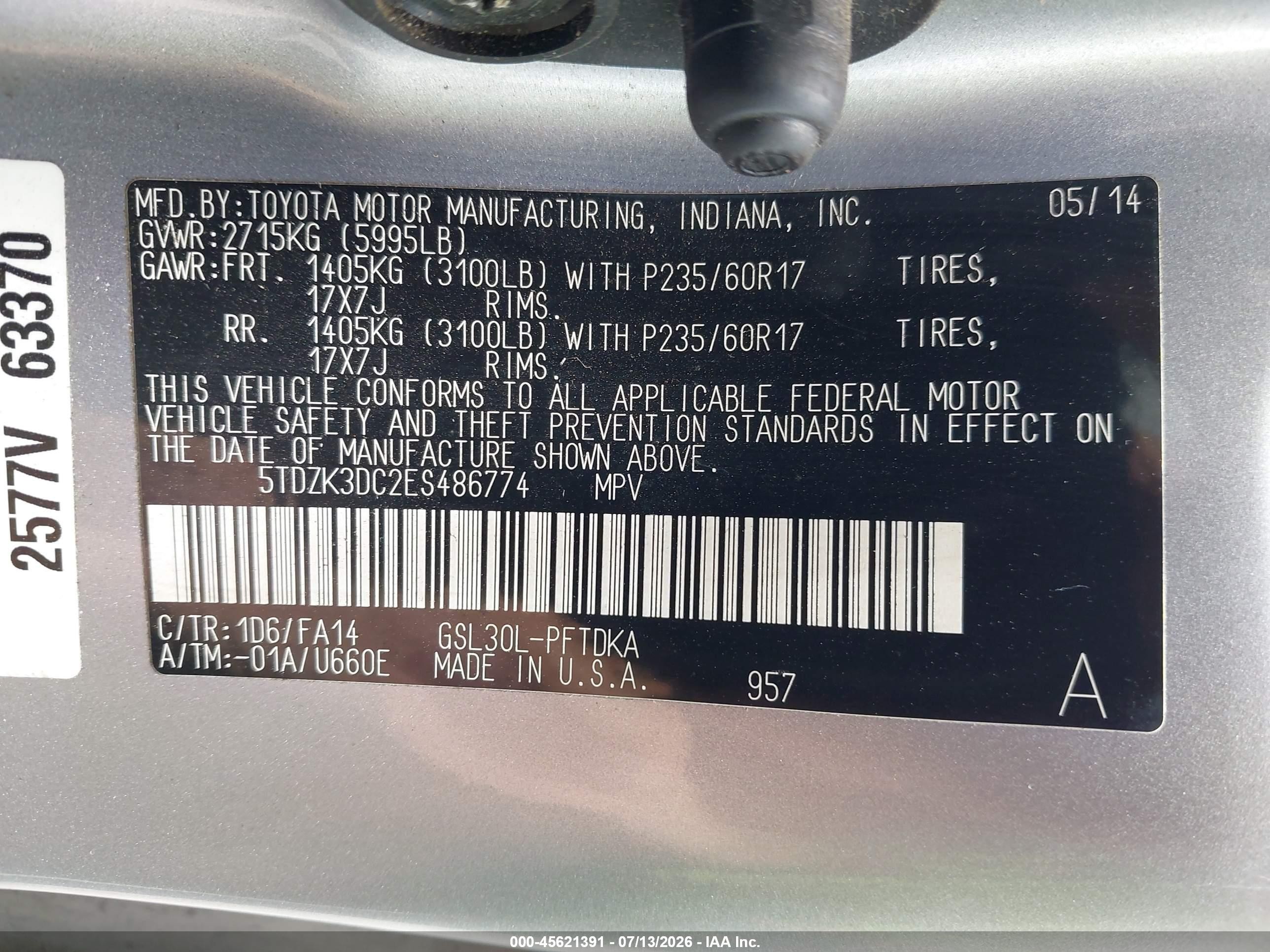 2014 Toyota Sienna L V6 7 Passenger Серебряный vin: 5TDZK3DC2ES486774