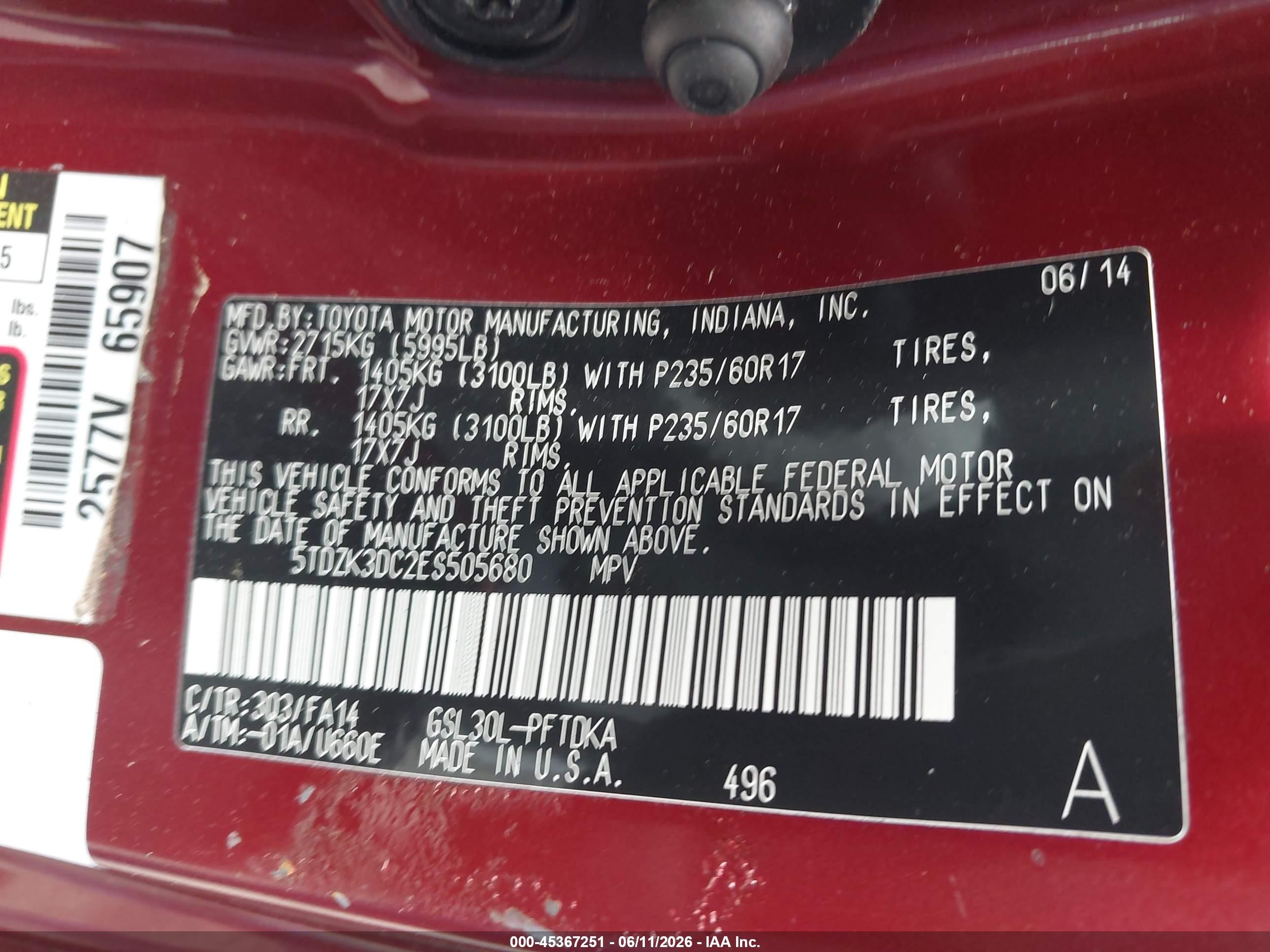 2014 Toyota Sienna L V6 7 Passenger Red vin: 5TDZK3DC2ES505680