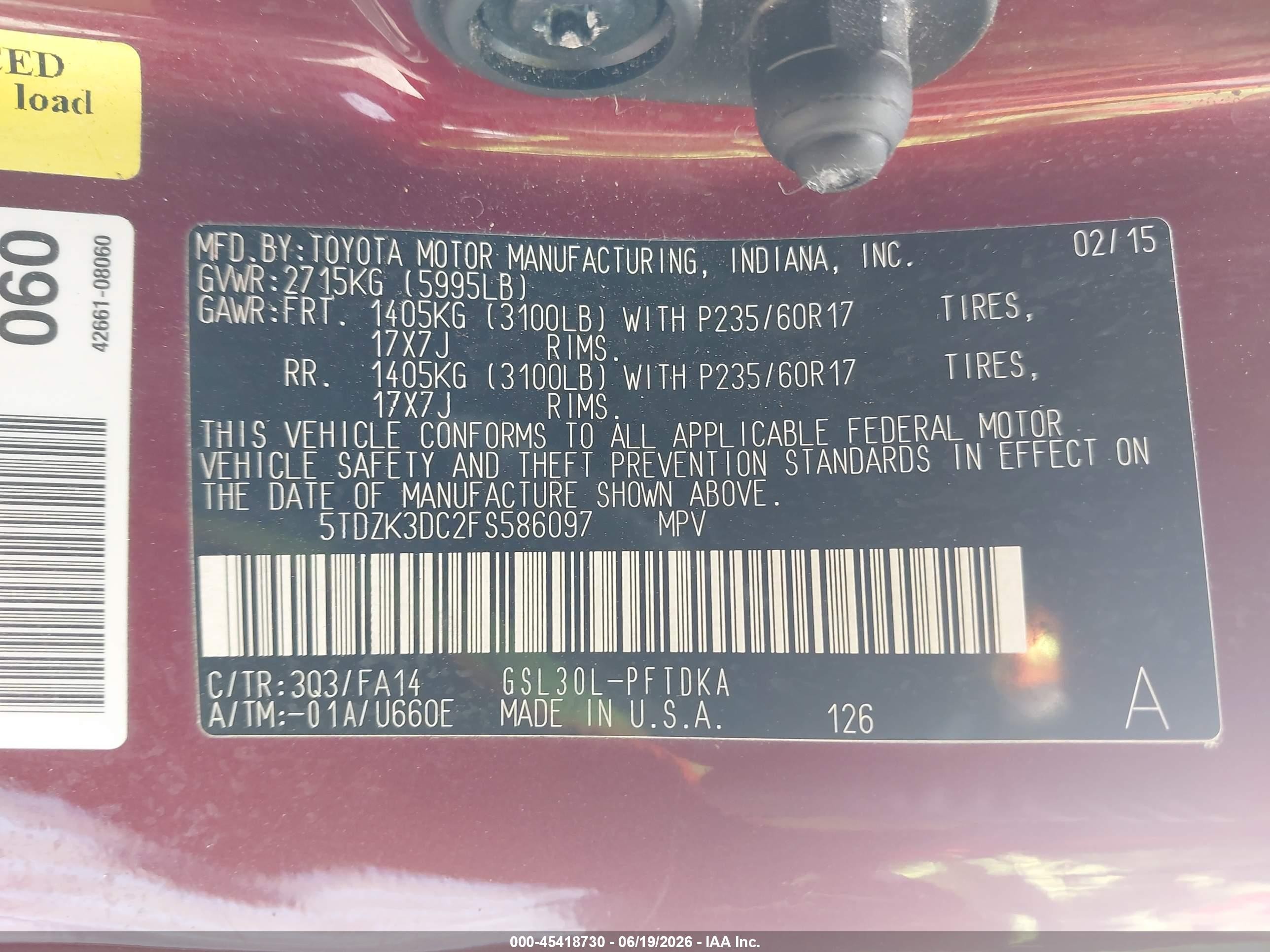 2015 Toyota Sienna L 7 Passenger Red vin: 5TDZK3DC2FS586097