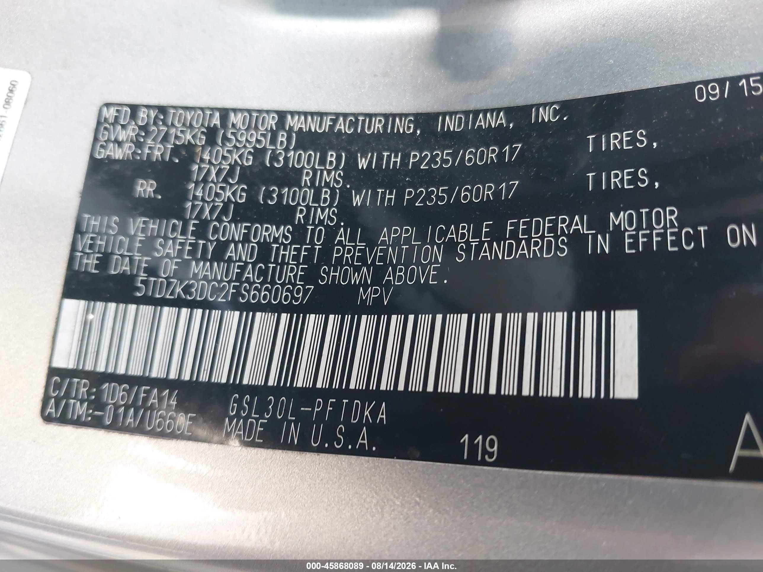 2015 Toyota Sienna L 7 Passenger Синий vin: 5TDZK3DC2FS660697