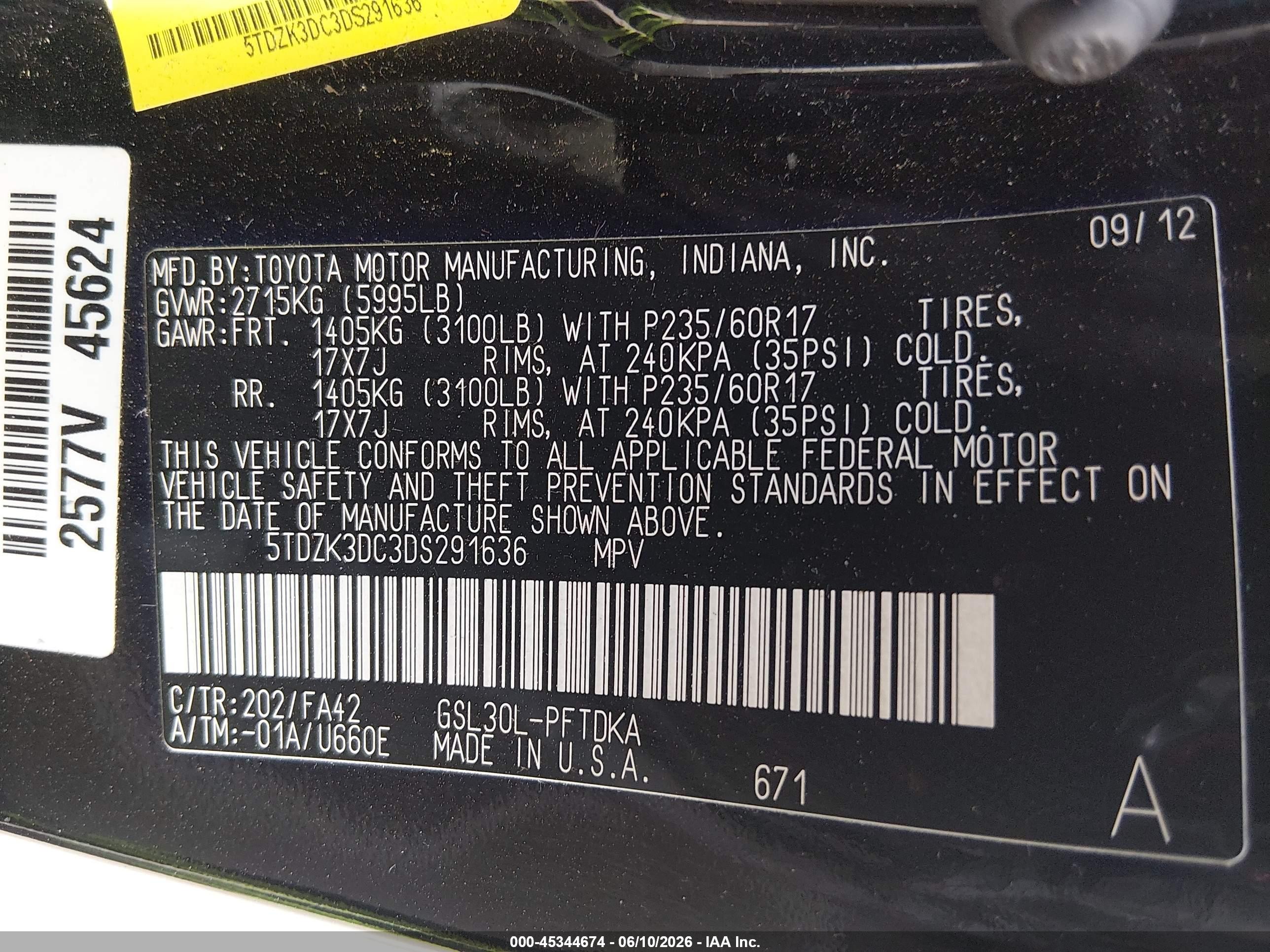 2013 Toyota Sienna L V6 7 Passenger Black vin: 5TDZK3DC3DS291636