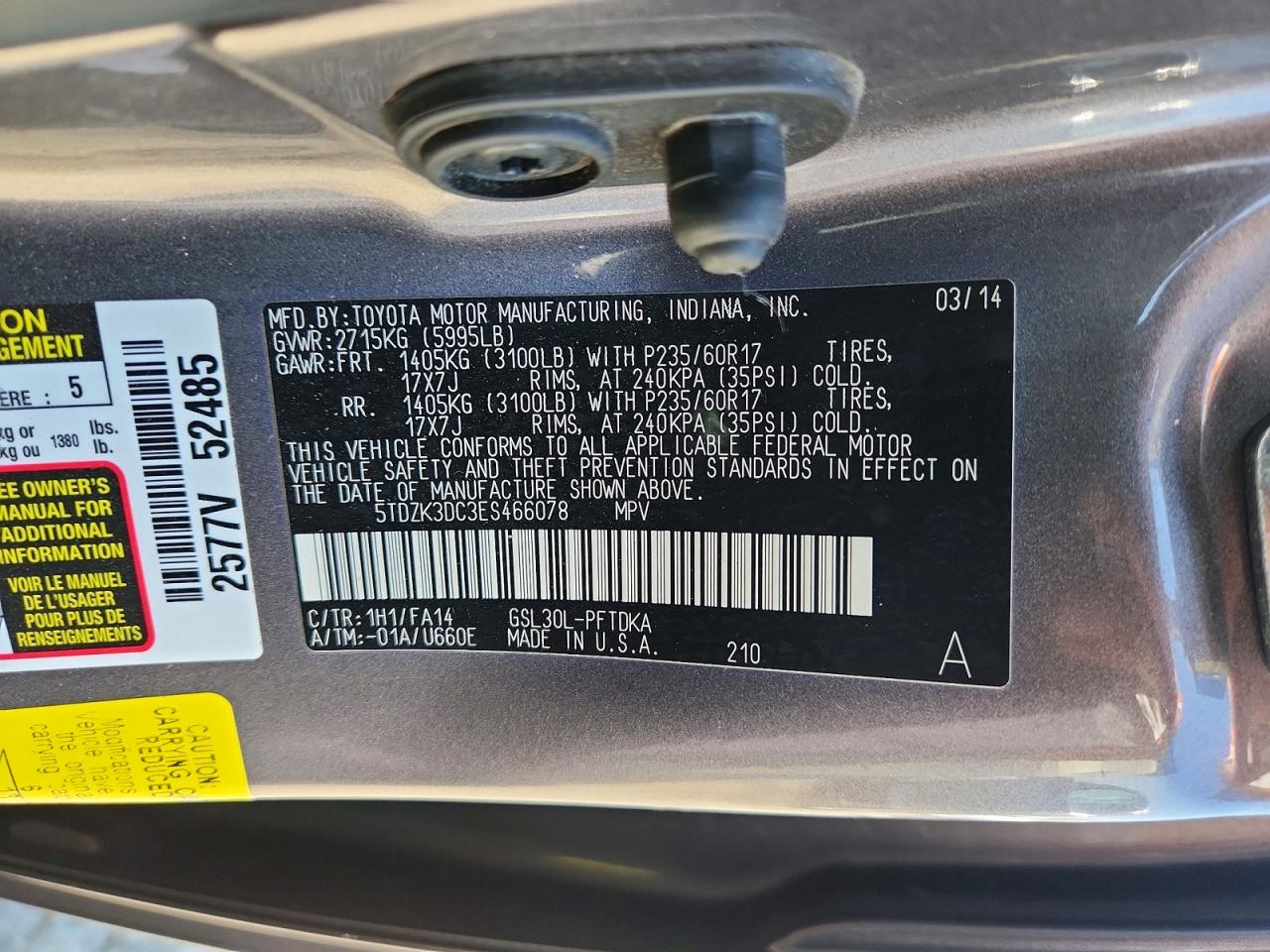 2014 Toyota Sienna L 7-passenger Серый vin: 5TDZK3DC3ES466078