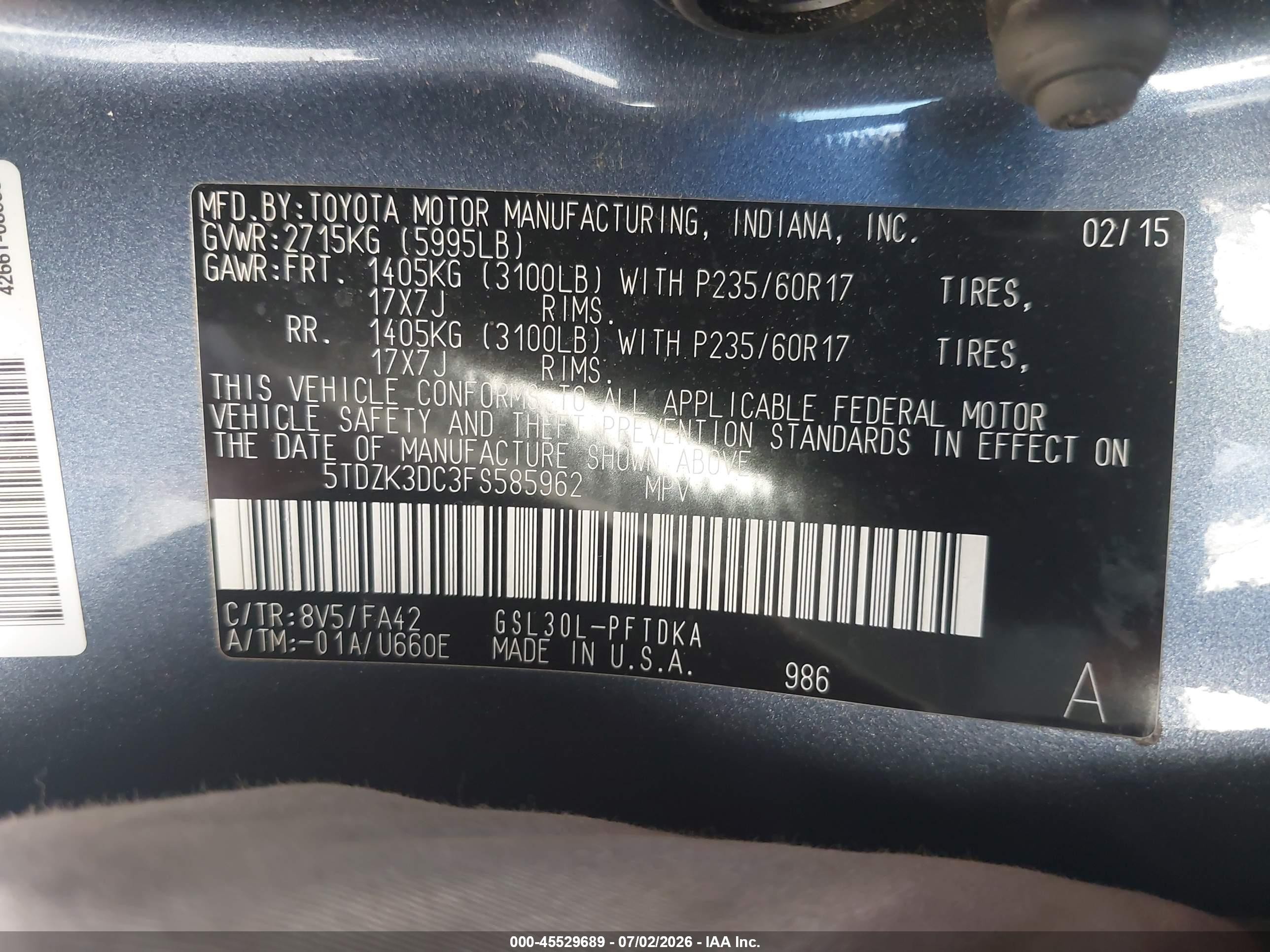 2015 Toyota Sienna L 7 Passenger Синий vin: 5TDZK3DC3FS585962
