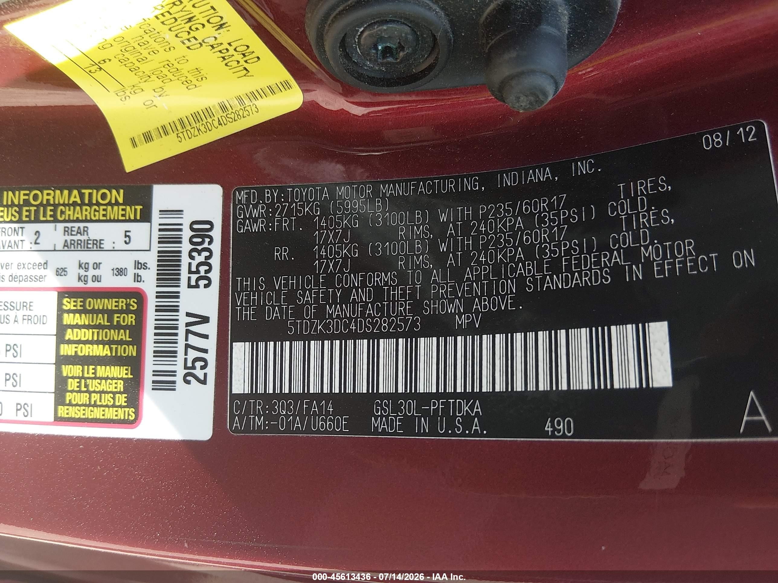 2013 Toyota Sienna L V6 7 Passenger Red vin: 5TDZK3DC4DS282573