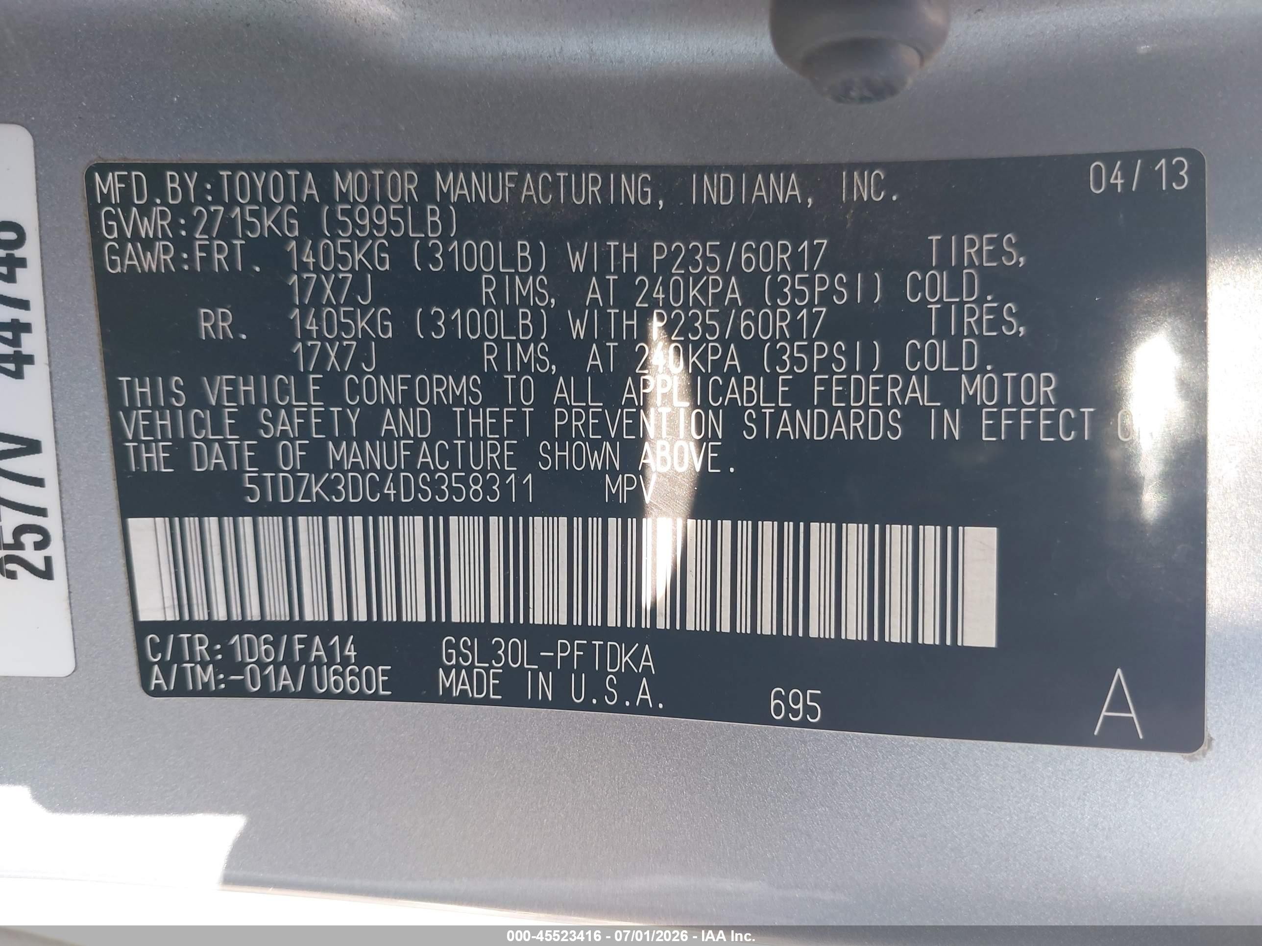 2013 Toyota Sienna L V6 7 Passenger Silver vin: 5TDZK3DC4DS358311