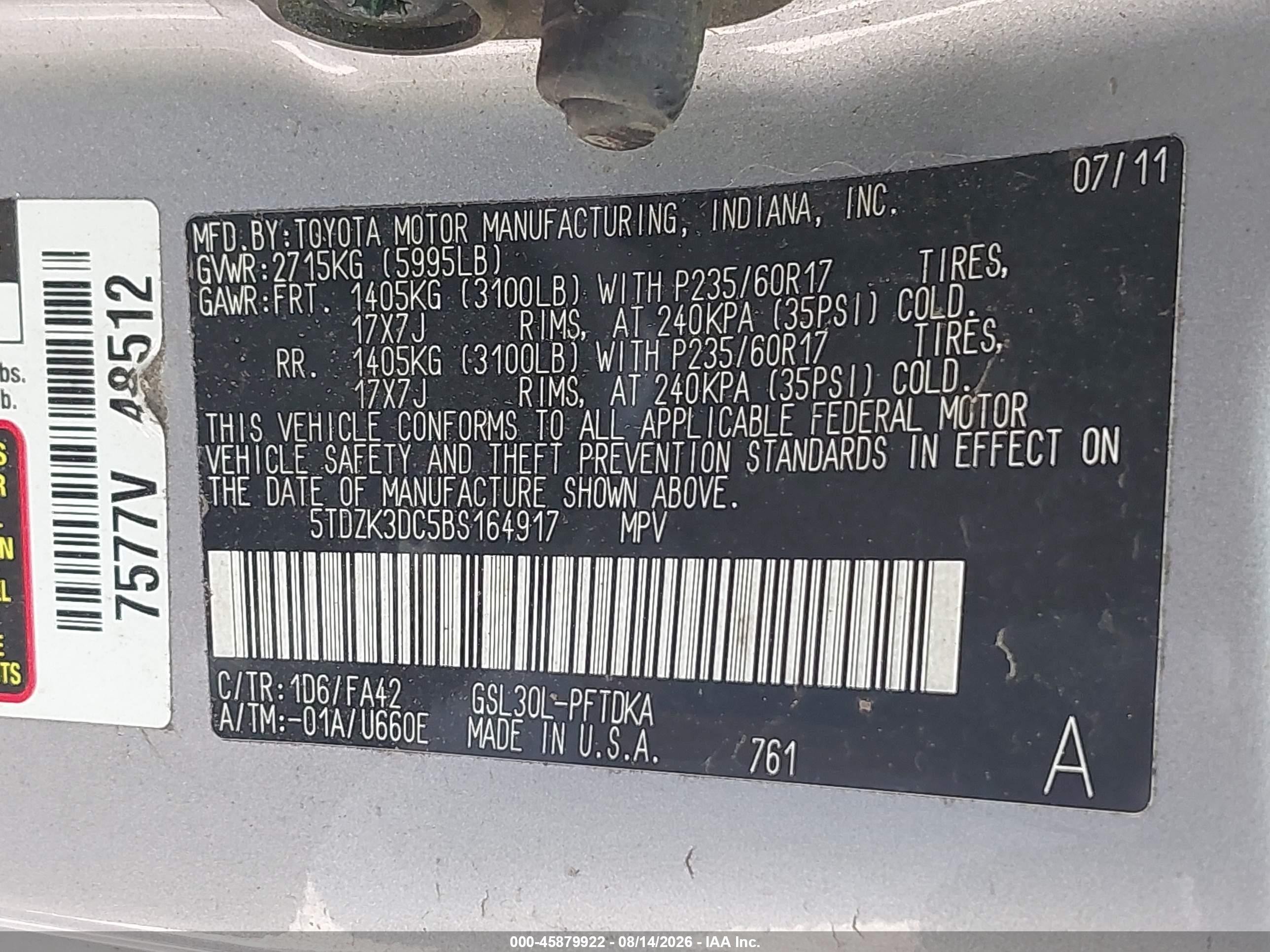 2011 Toyota Sienna Base V6 Серебряный vin: 5TDZK3DC5BS164917