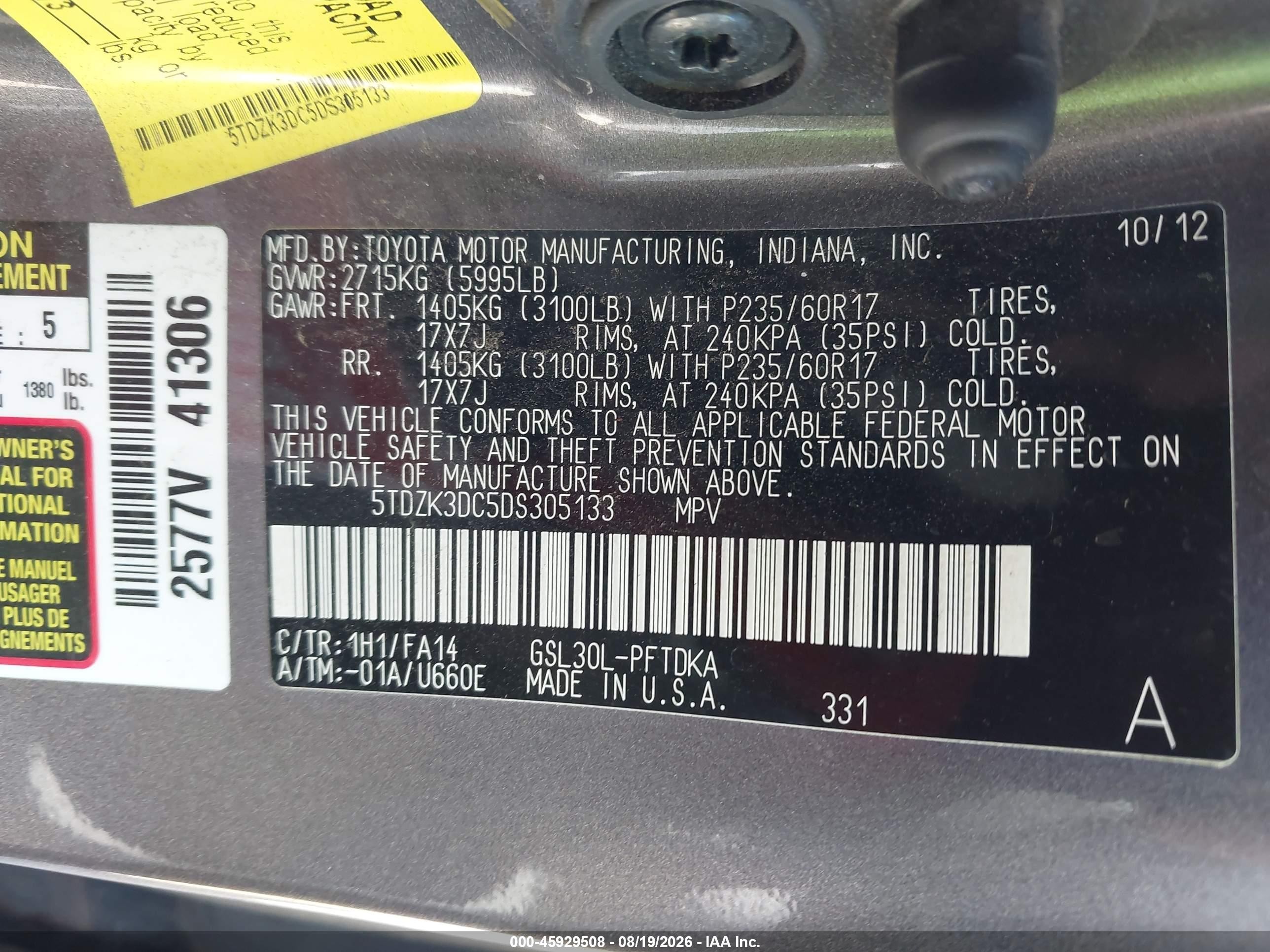 2013 Toyota Sienna L V6 7 Passenger Серый vin: 5TDZK3DC5DS305133
