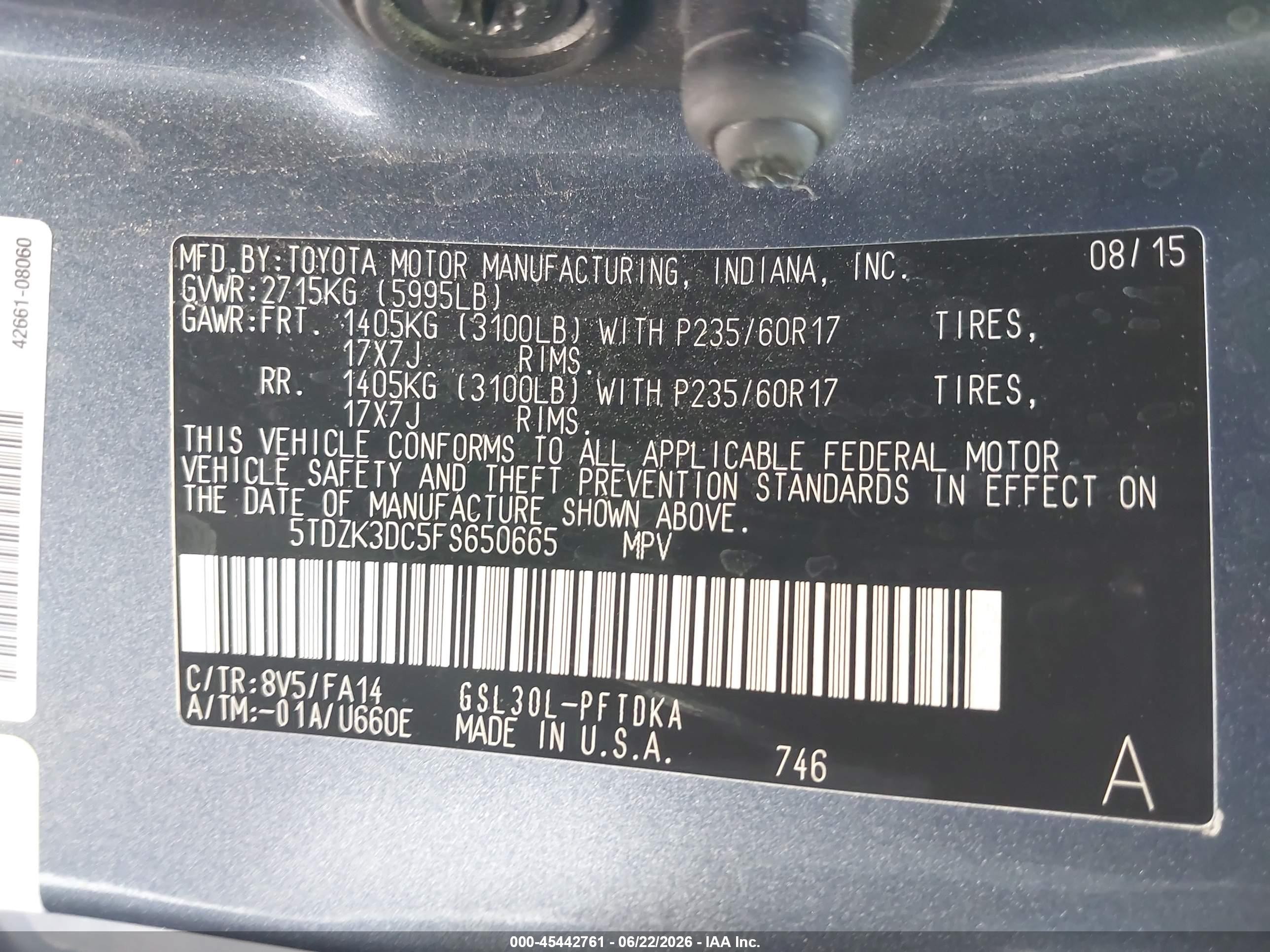2015 Toyota Sienna L 7 Passenger Blue vin: 5TDZK3DC5FS650665