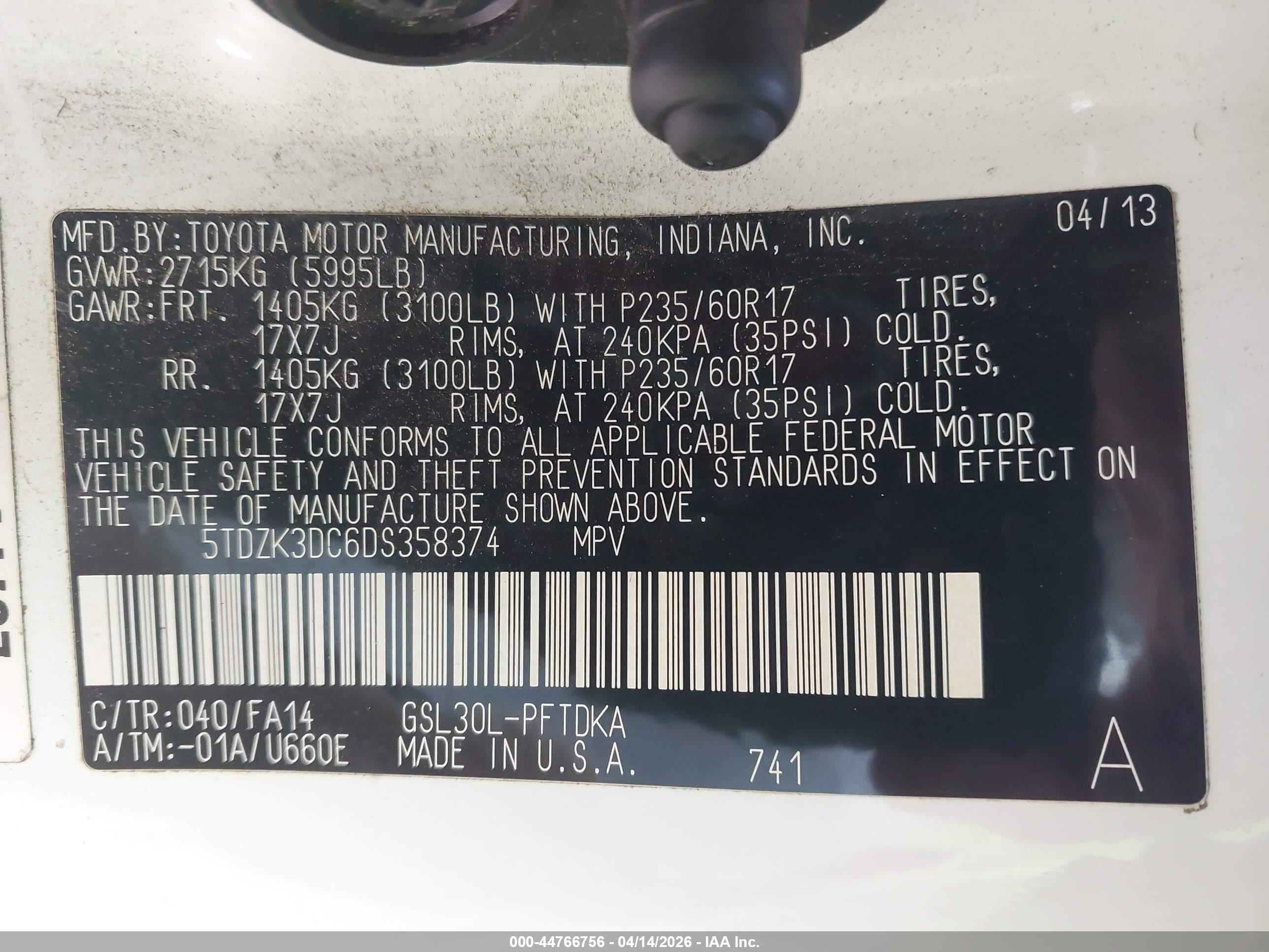 2013 Toyota Sienna L V6 7 Passenger White vin: 5TDZK3DC6DS358374