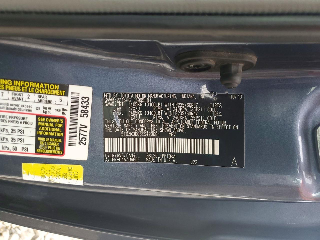 2014 Toyota Sienna L 7-passenger Blue vin: 5TDZK3DC6ES420681
