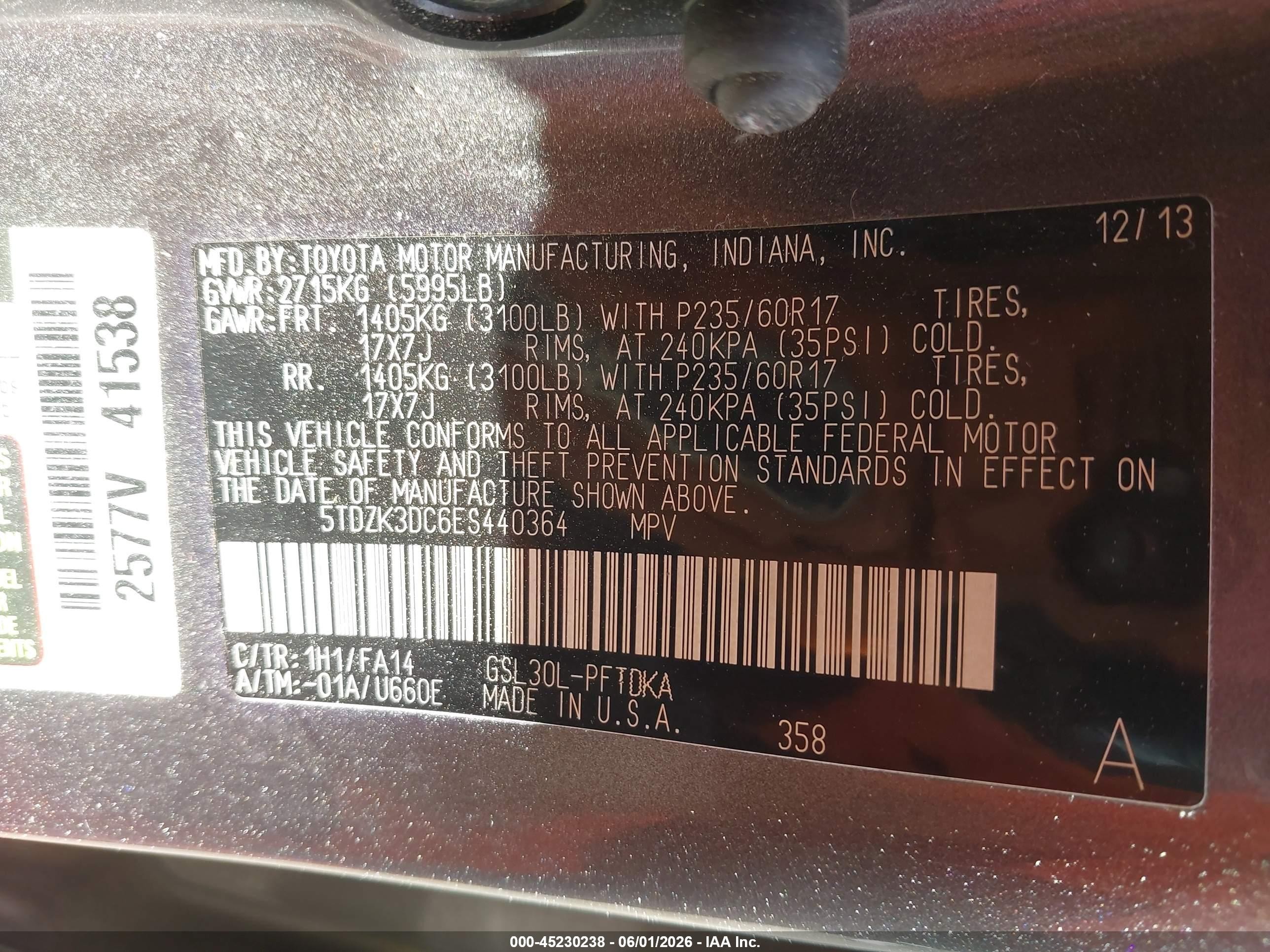 2014 Toyota Sienna L V6 7 Passenger Gray vin: 5TDZK3DC6ES440364