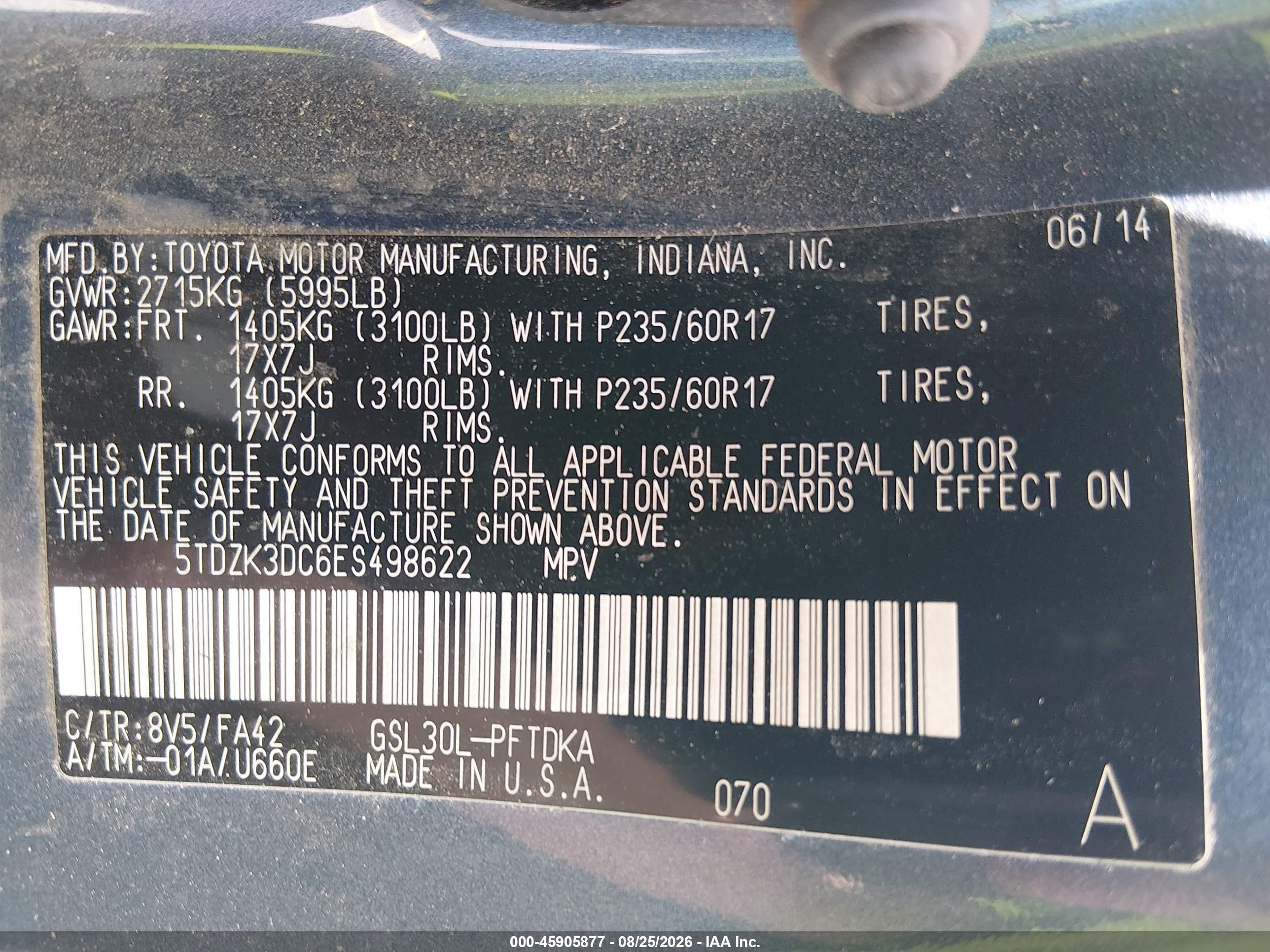 2014 Toyota Sienna L V6 7 Passenger Blue vin: 5TDZK3DC6ES498622