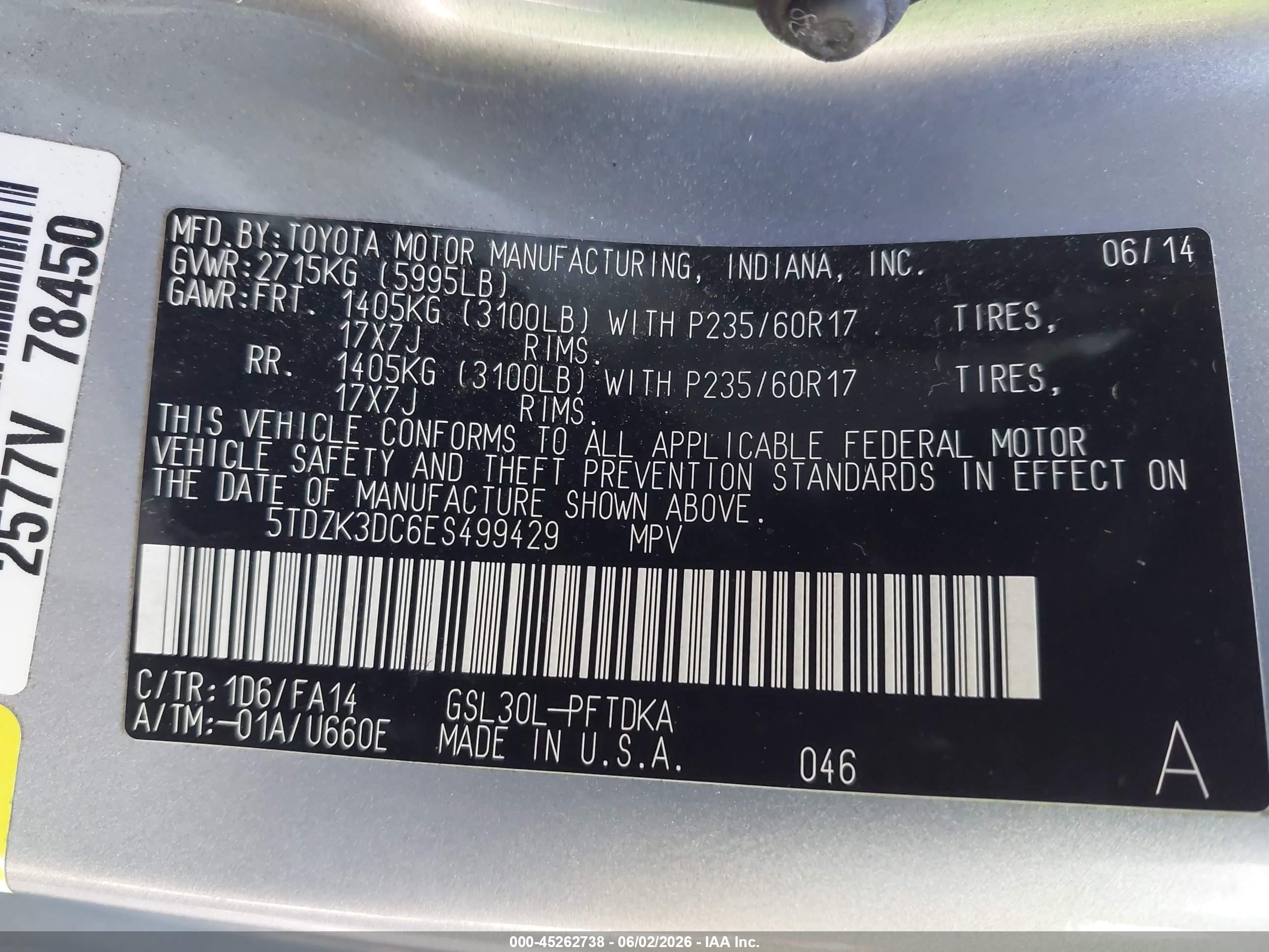 2014 Toyota Sienna L V6 7 Passenger Gray vin: 5TDZK3DC6ES499429