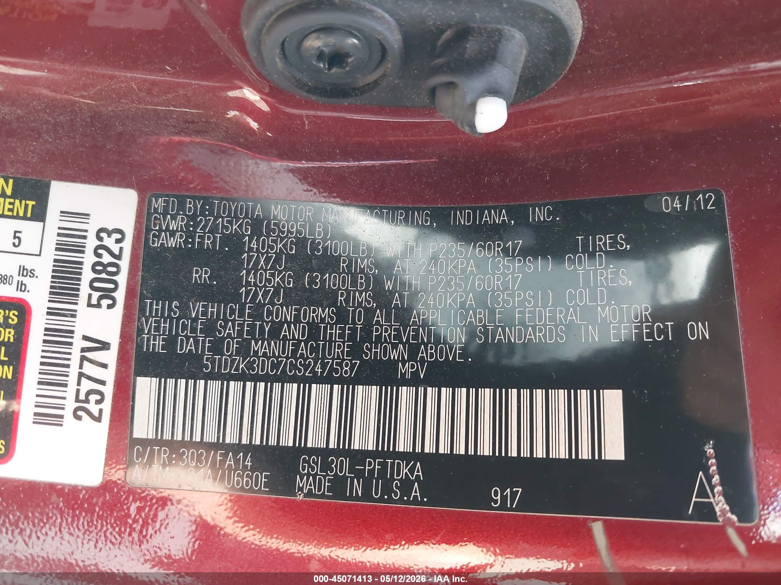 2012 Toyota Sienna Base V6 7 Passenger Red vin: 5TDZK3DC7CS247587