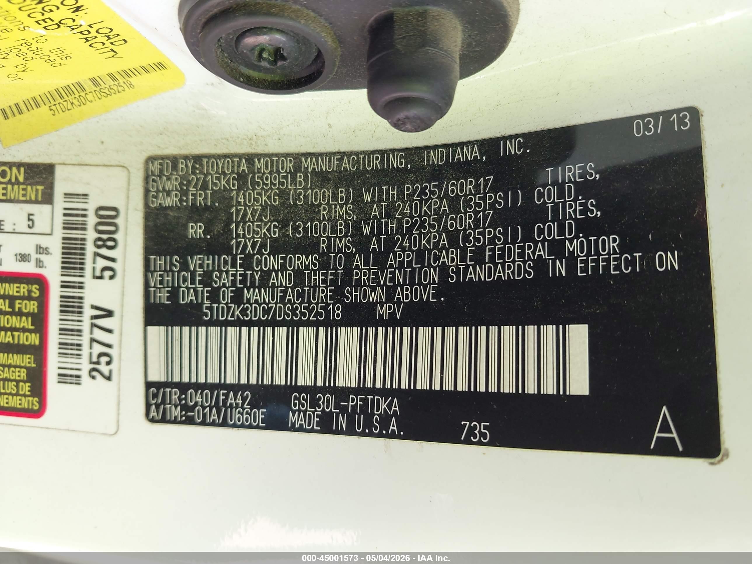 2013 Toyota Sienna L V6 7 Passenger White vin: 5TDZK3DC7DS352518