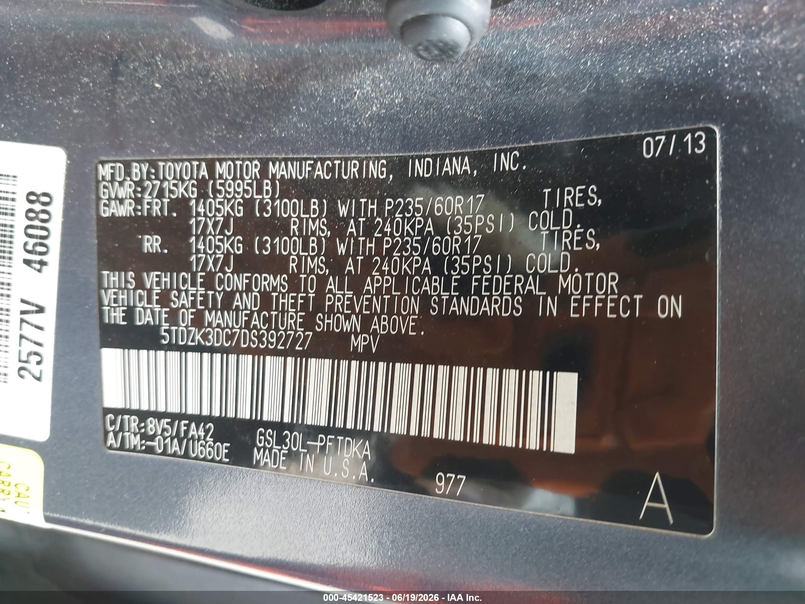 2013 Toyota Sienna L V6 7 Passenger Синий vin: 5TDZK3DC7DS392727