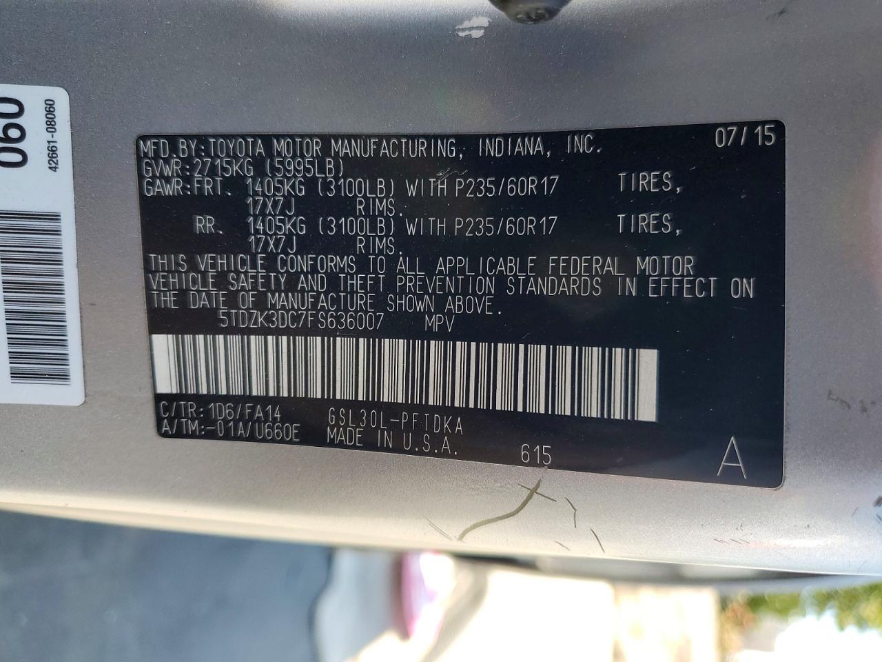 2015 Toyota Sienna L 7-passenger Silver vin: 5TDZK3DC7FS636007