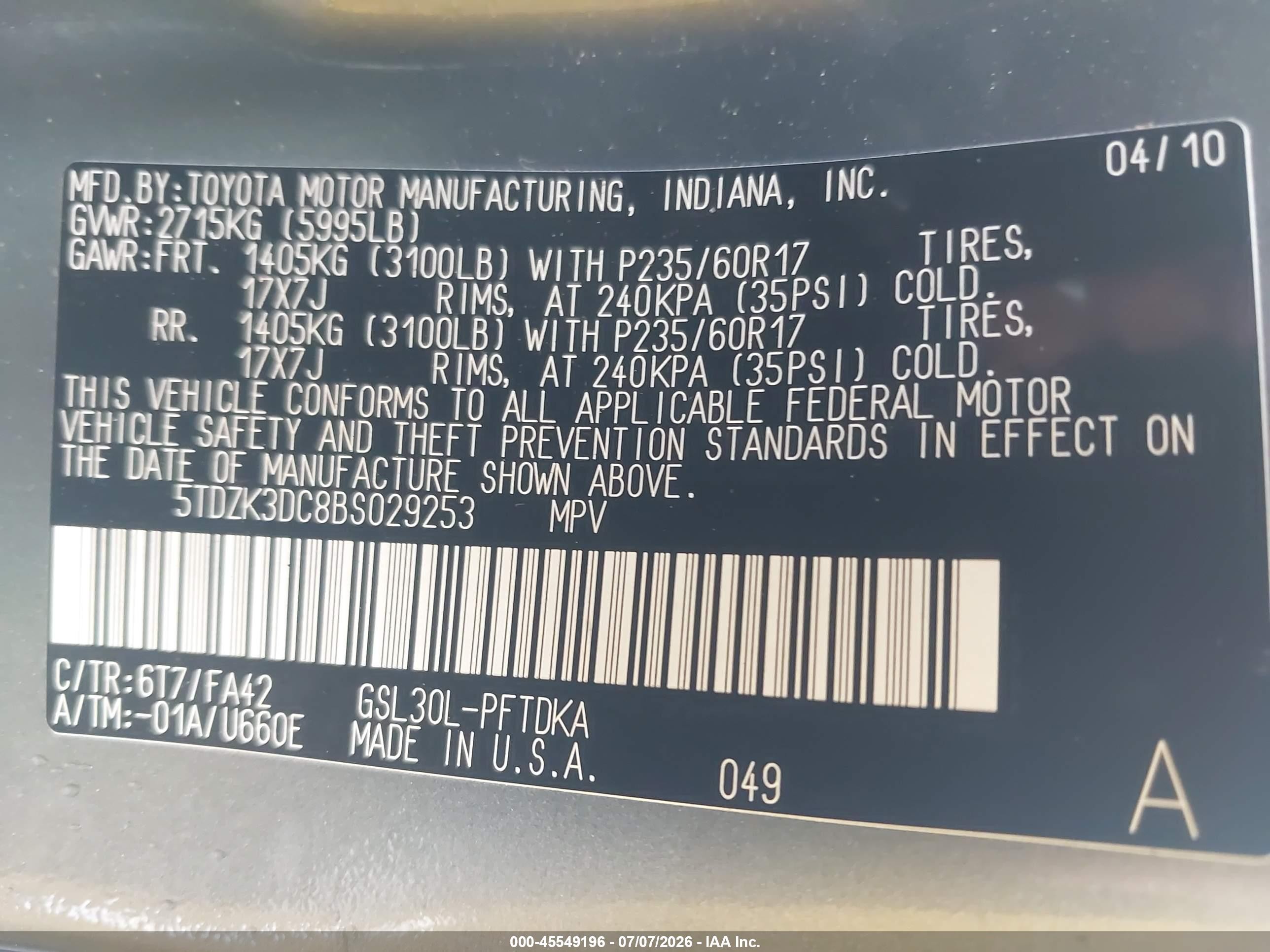 2011 Toyota Sienna Base V6 Gray vin: 5TDZK3DC8BS029253