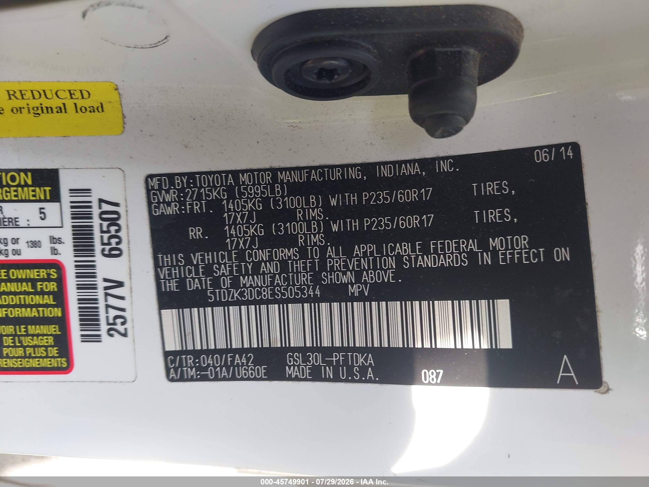 2014 Toyota Sienna L V6 7 Passenger Белый vin: 5TDZK3DC8ES505344