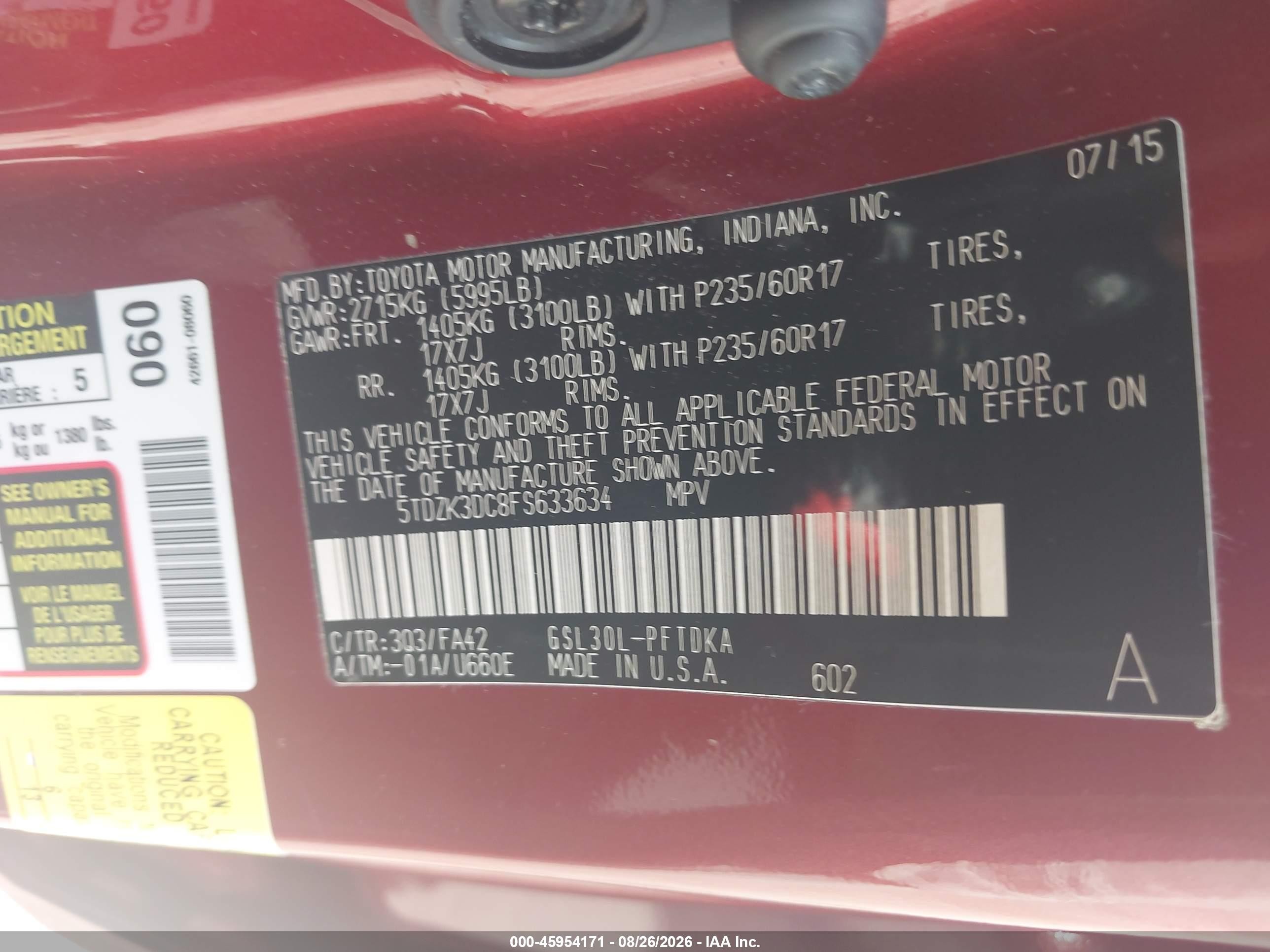 2015 Toyota Sienna L 7 Passenger Бордовый vin: 5TDZK3DC8FS633634
