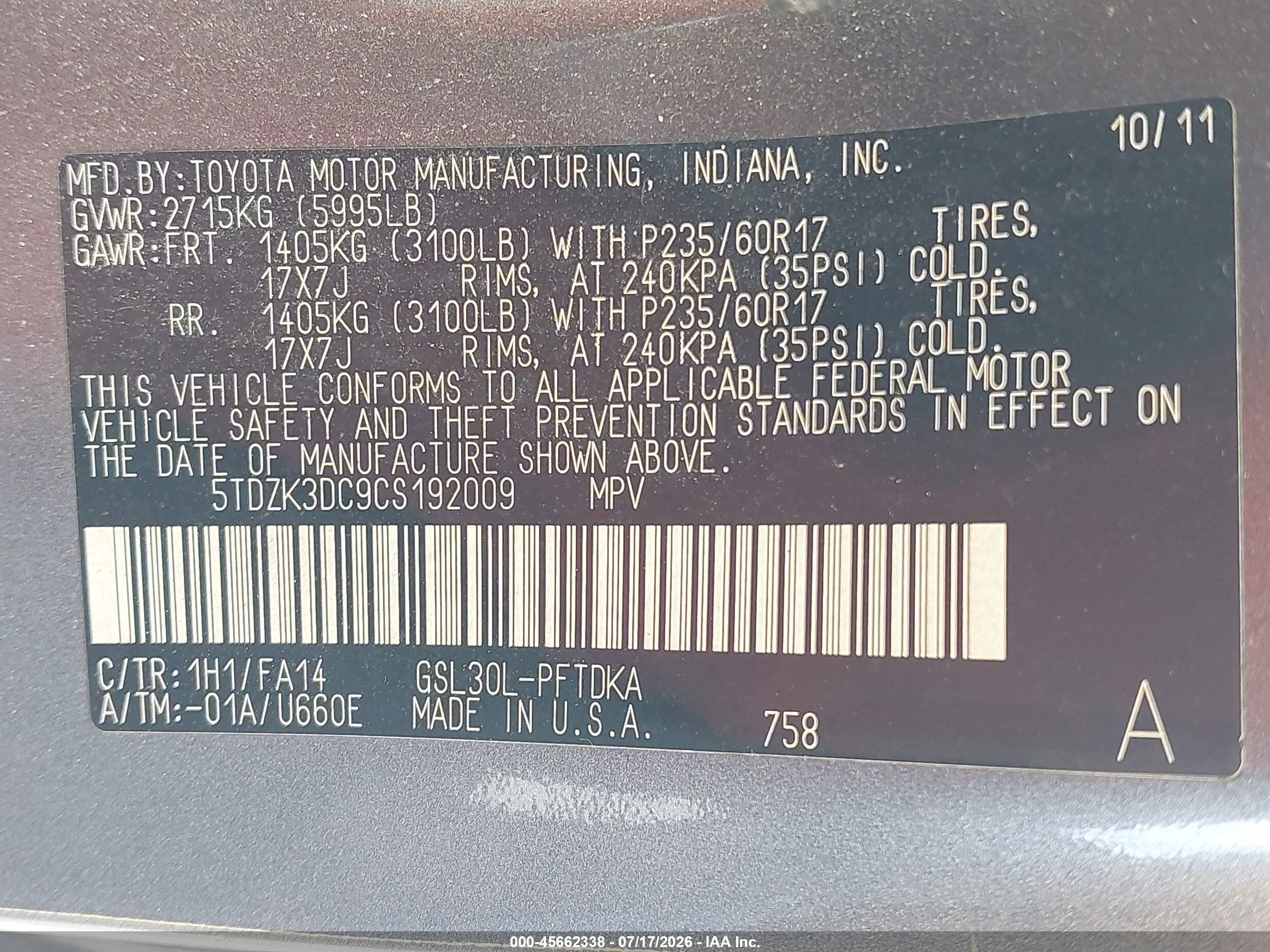 2012 Toyota Sienna Base V6 7 Passenger Gray vin: 5TDZK3DC9CS192009