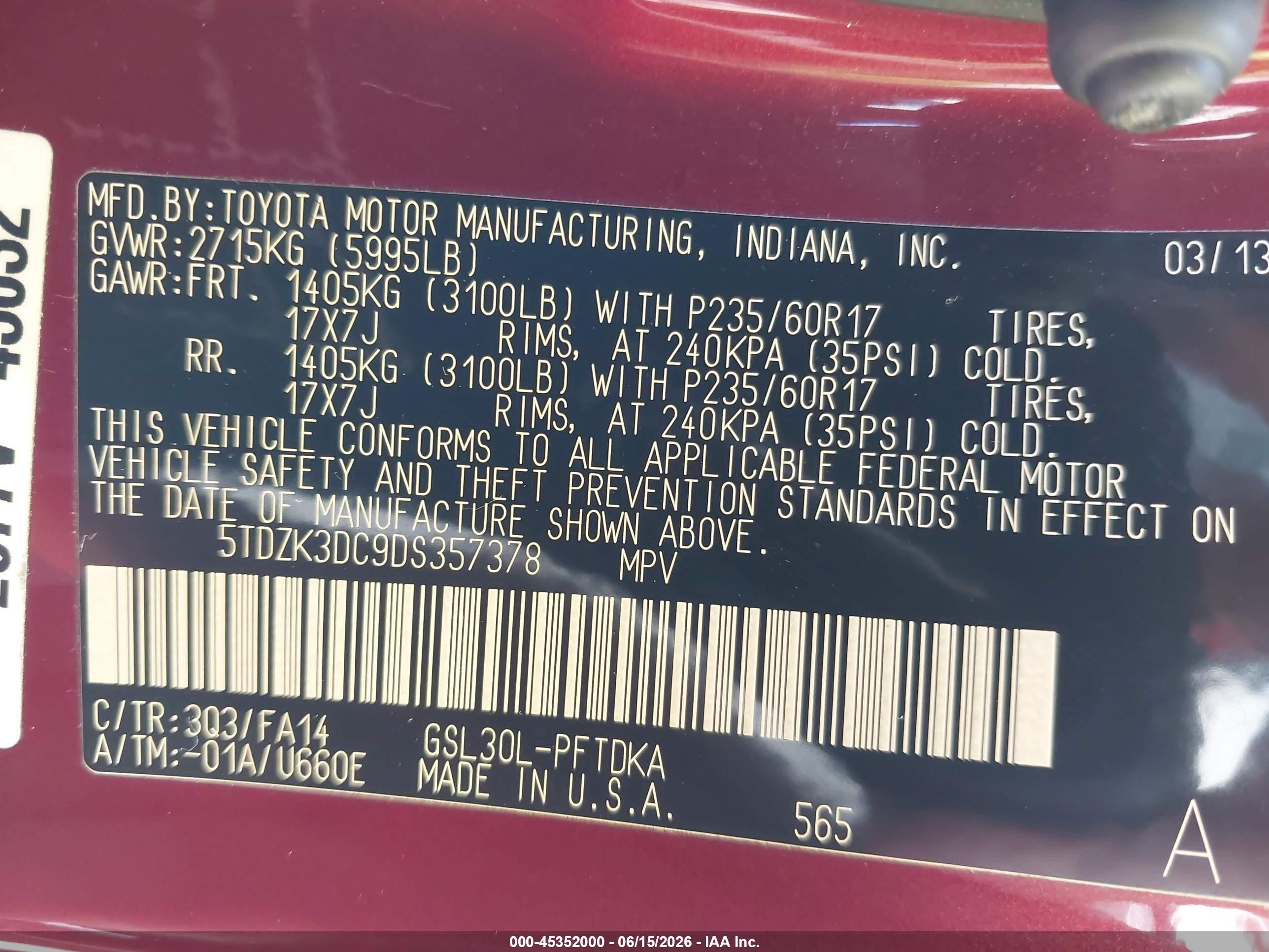 2013 Toyota Sienna L V6 7 Passenger Red vin: 5TDZK3DC9DS357378
