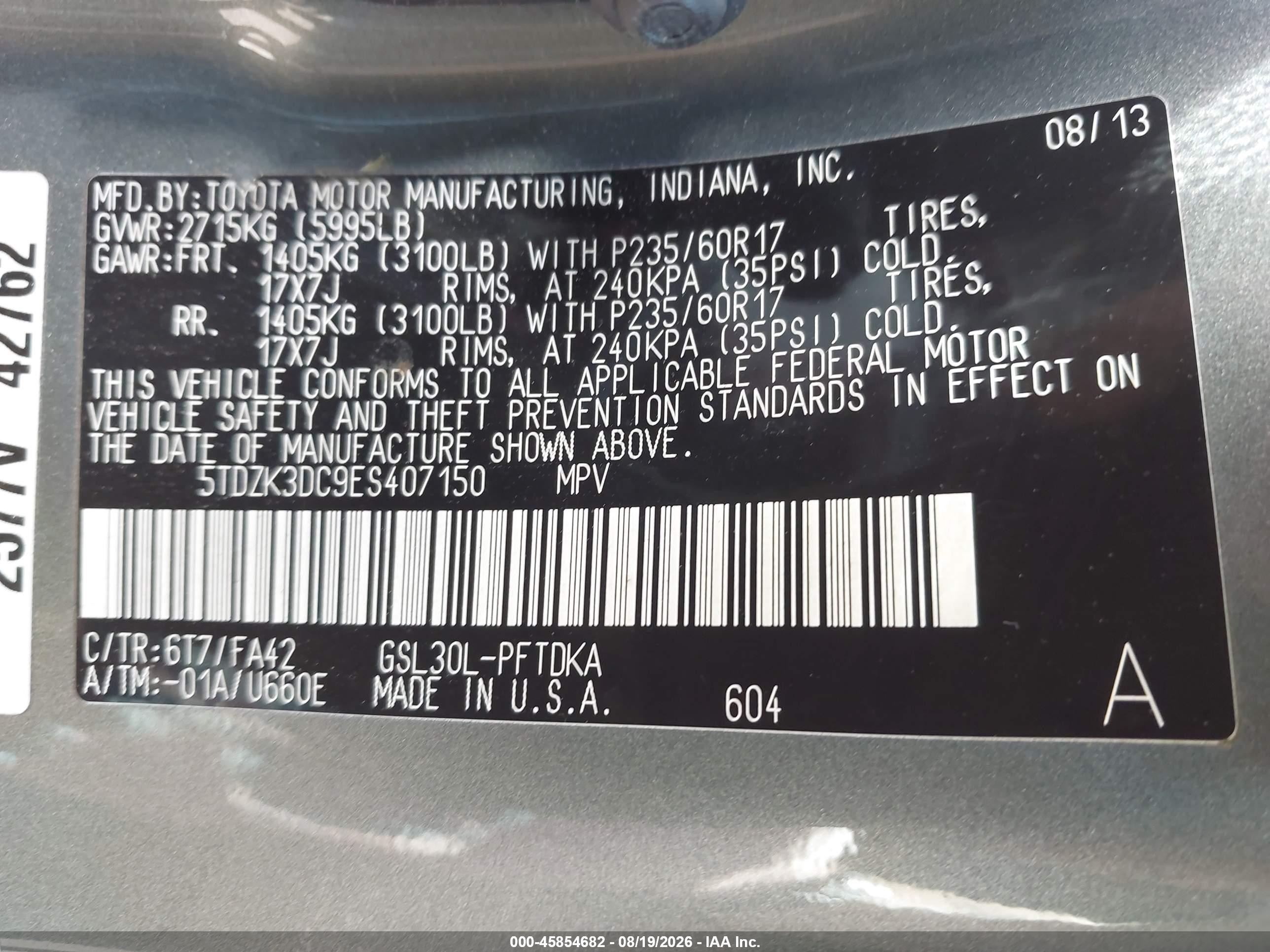 2014 Toyota Sienna L V6 7 Passenger Gray vin: 5TDZK3DC9ES407150