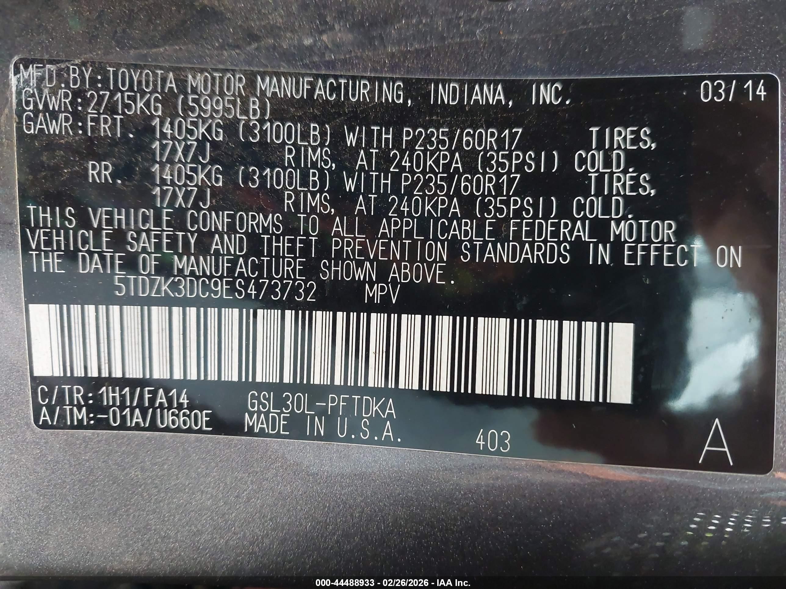 2014 Toyota Sienna L V6 7 Passenger Brown vin: 5TDZK3DC9ES473732