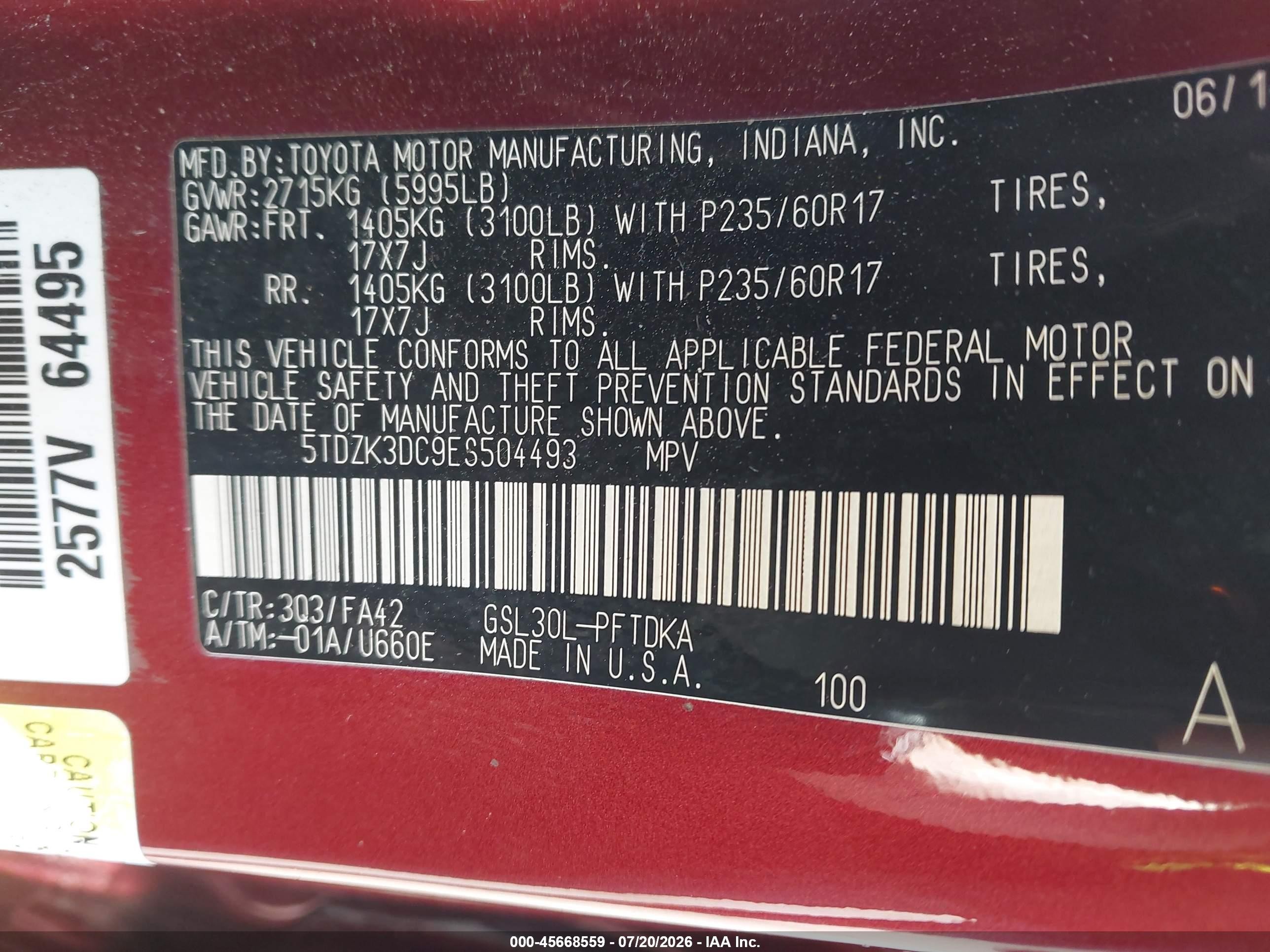 2014 Toyota Sienna L V6 7 Passenger Красный vin: 5TDZK3DC9ES504493