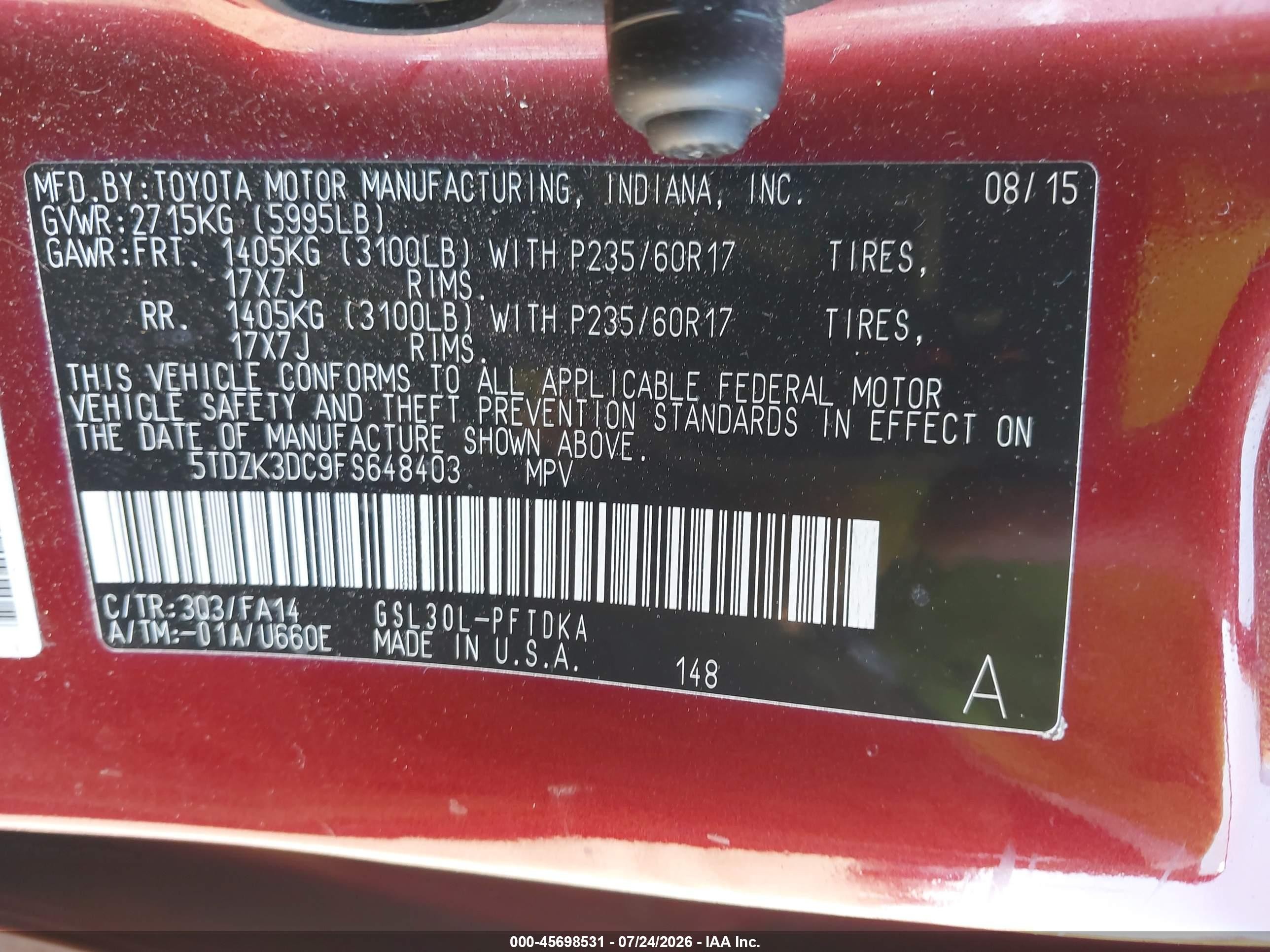 2015 Toyota Sienna L 7 Passenger Maroon vin: 5TDZK3DC9FS648403