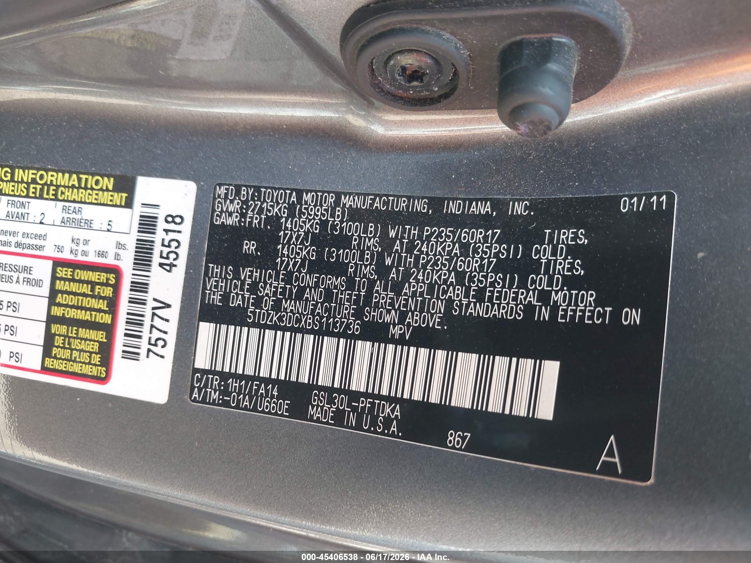 2011 Toyota Sienna Base V6 Gray vin: 5TDZK3DCXBS113736