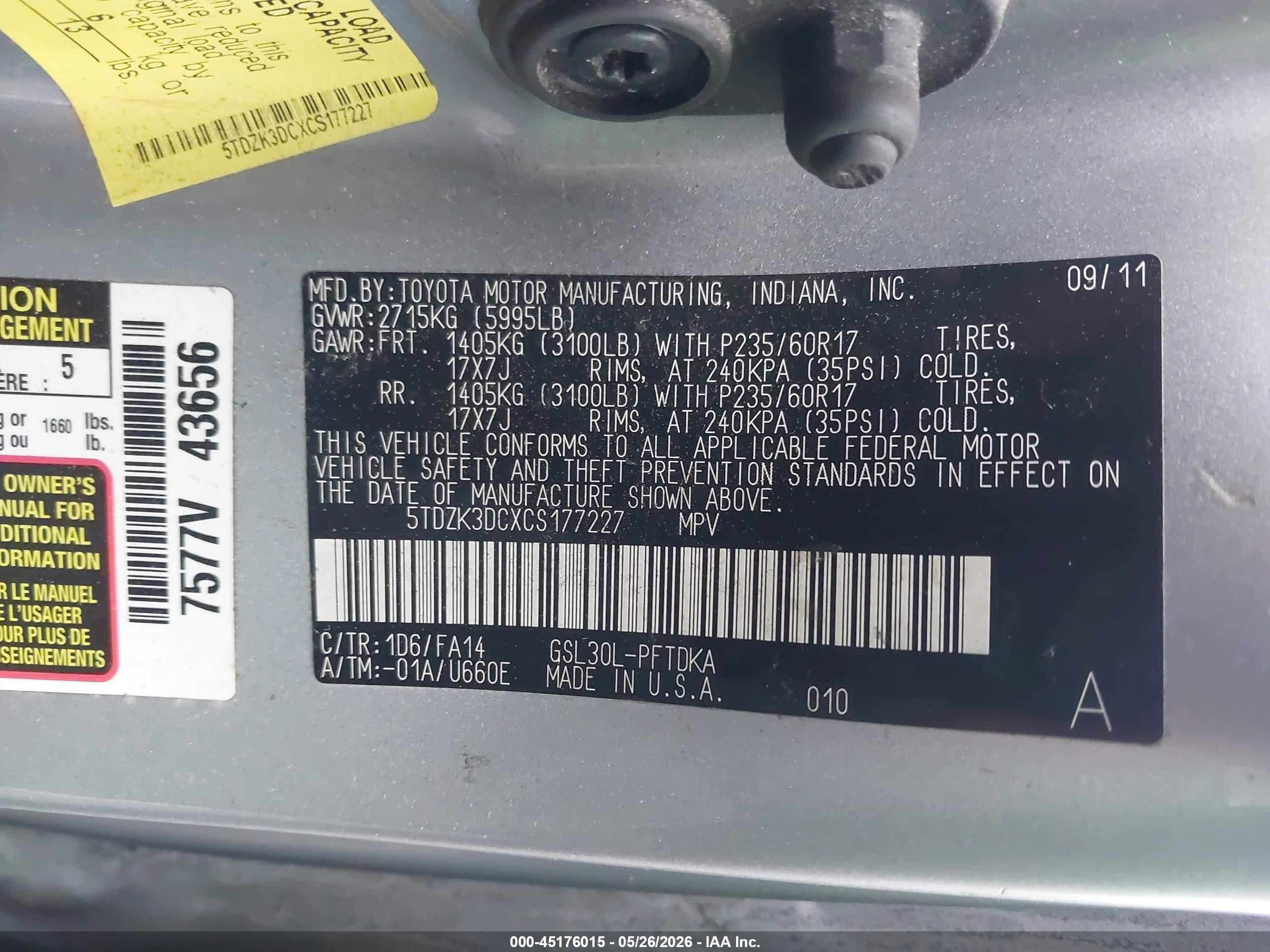 2012 Toyota Sienna Base V6 7 Passenger Silver vin: 5TDZK3DCXCS177227