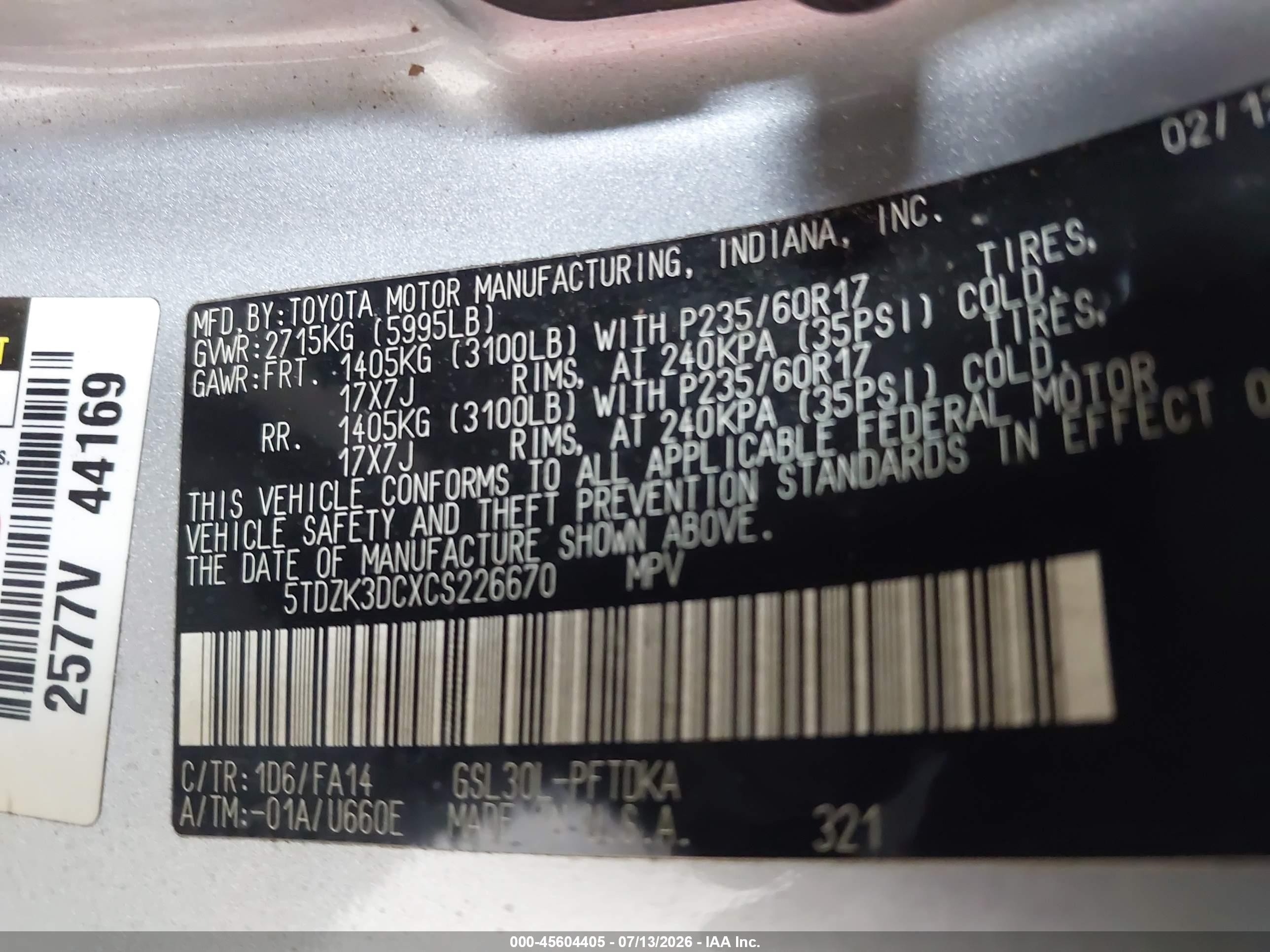 2012 Toyota Sienna Base V6 7 Passenger Teal vin: 5TDZK3DCXCS226670