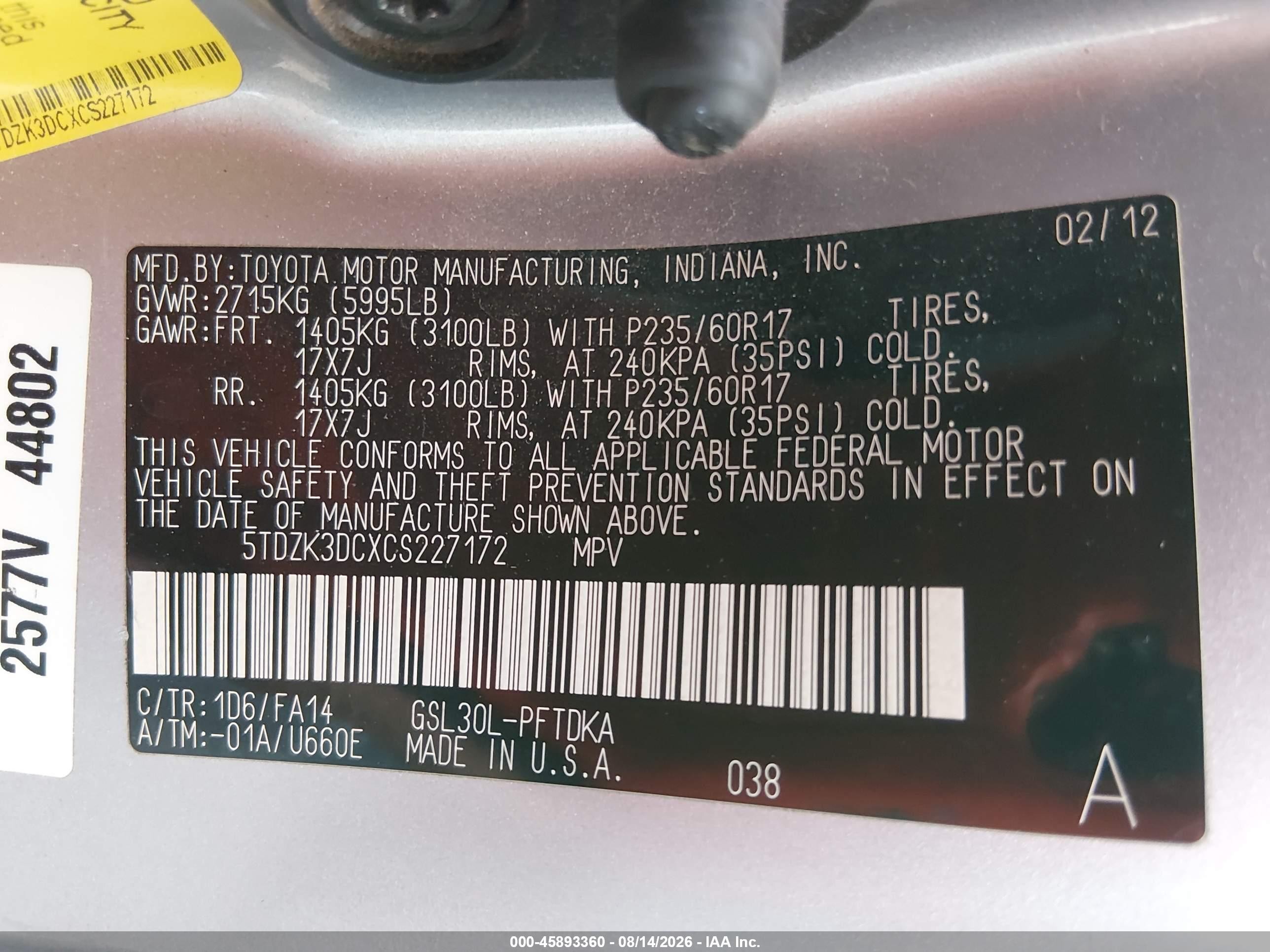 2012 Toyota Sienna Base V6 7 Passenger Silver vin: 5TDZK3DCXCS227172