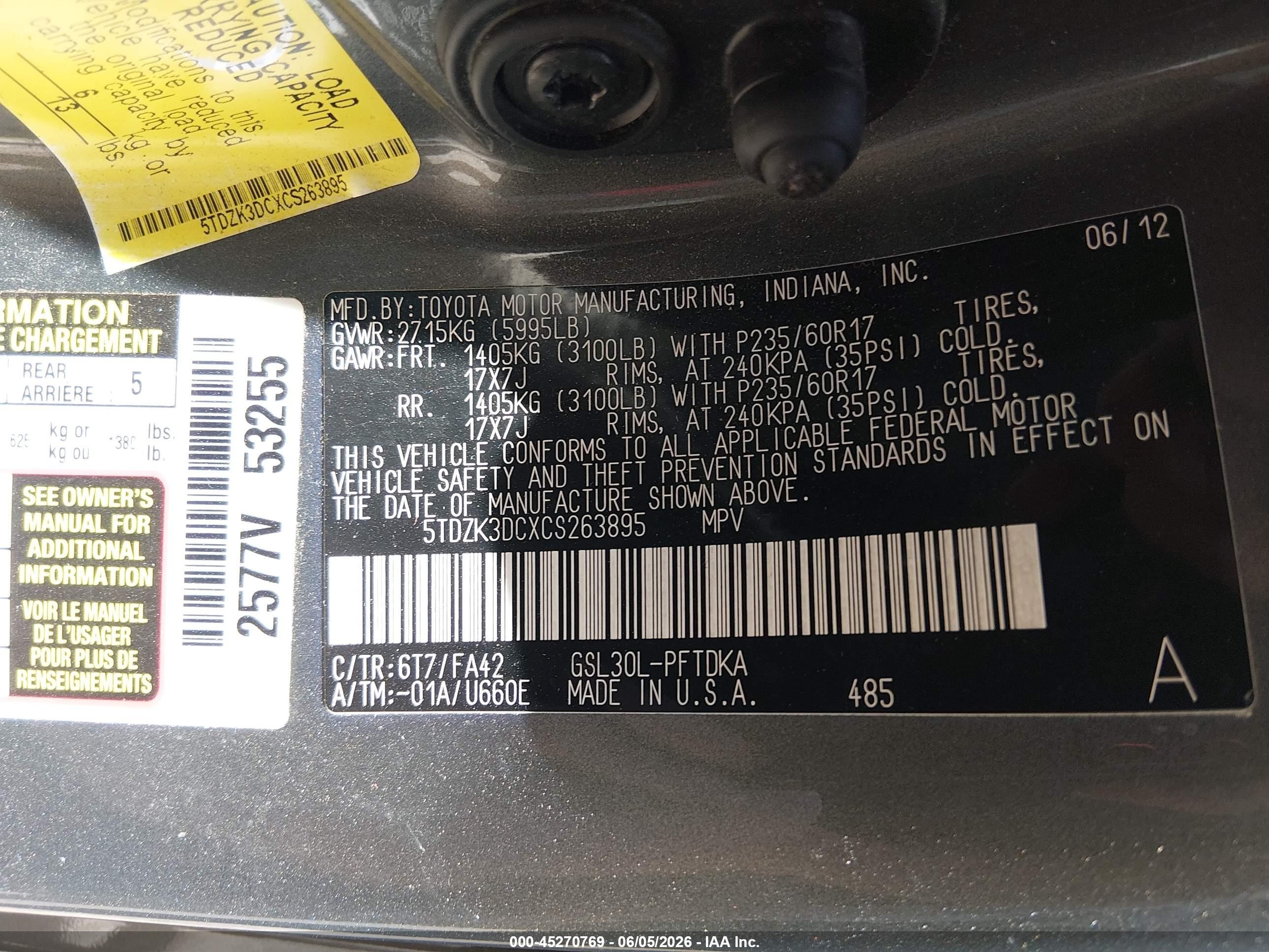 2012 Toyota Sienna Base V6 7 Passenger Gray vin: 5TDZK3DCXCS263895