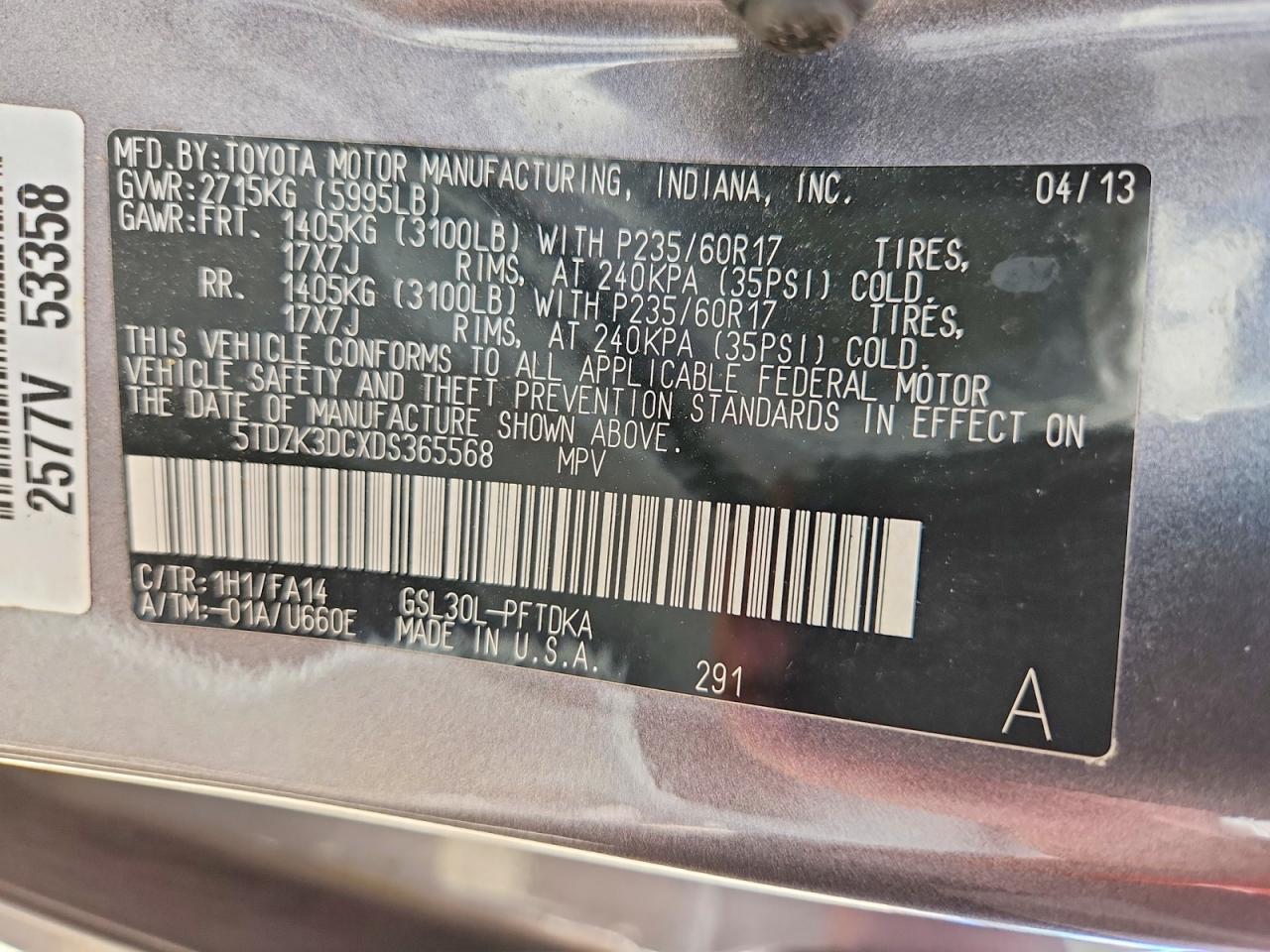 2013 Toyota Sienna L 7-passenger Gray vin: 5TDZK3DCXDS365568