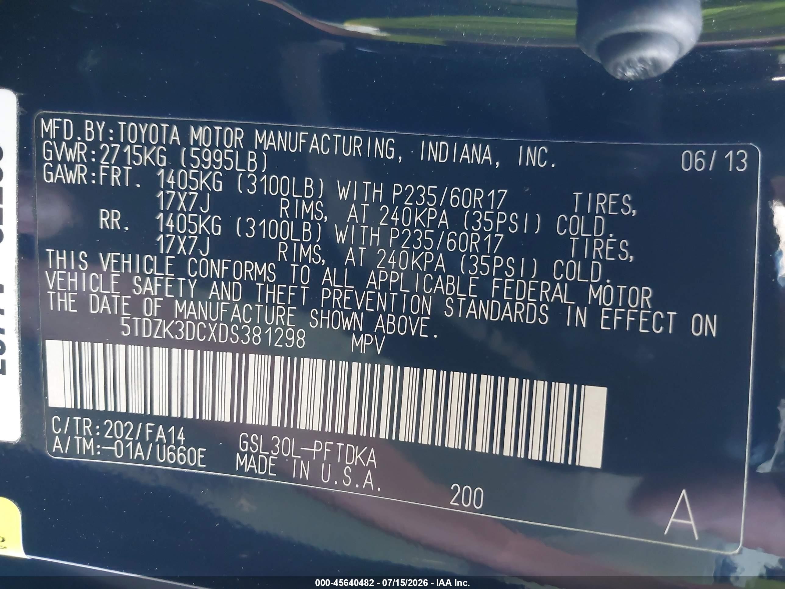 2013 Toyota Sienna L V6 7 Passenger Black vin: 5TDZK3DCXDS381298