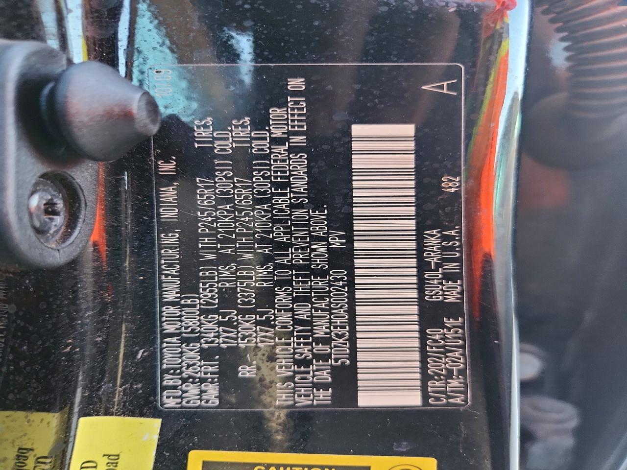 2010 Toyota Highlander Base Charcoal vin: 5TDZK3EH0AS002430