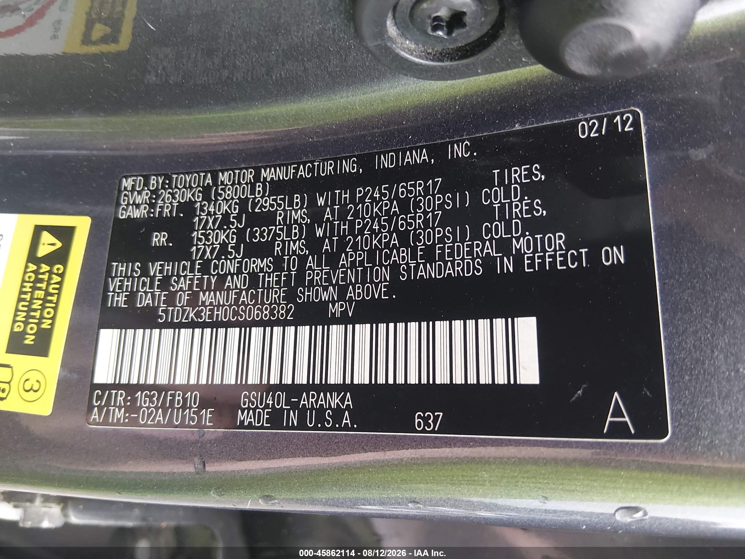 2012 Toyota Highlander Base V6 Gray vin: 5TDZK3EH0CS068382