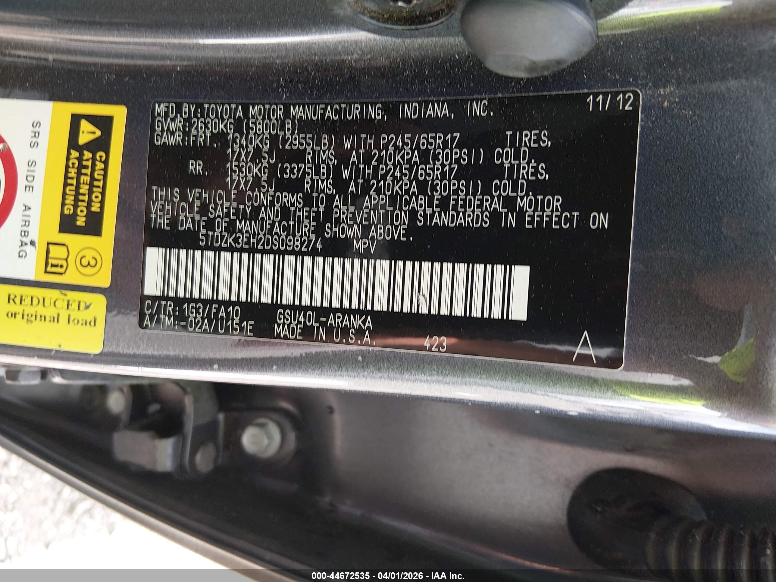 2013 Toyota Highlander Base Plus V6 Gray vin: 5TDZK3EH2DS098274