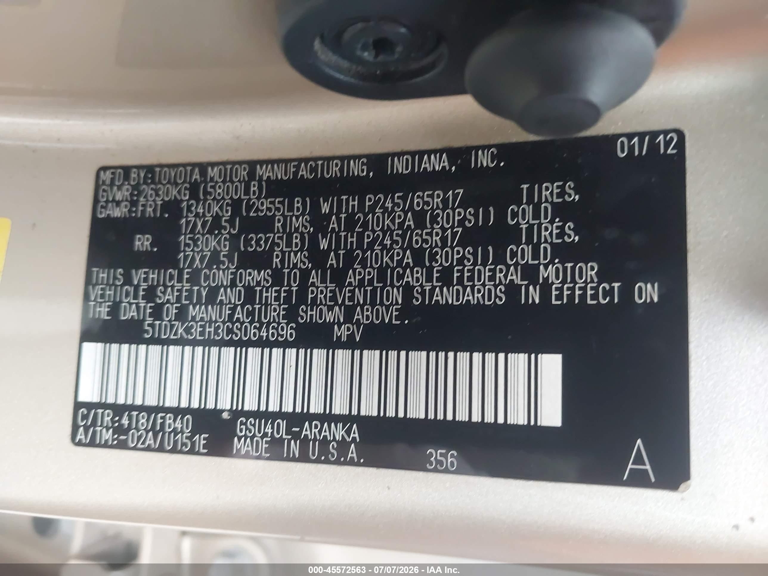 2012 Toyota Highlander Base V6 Gold vin: 5TDZK3EH3CS064696