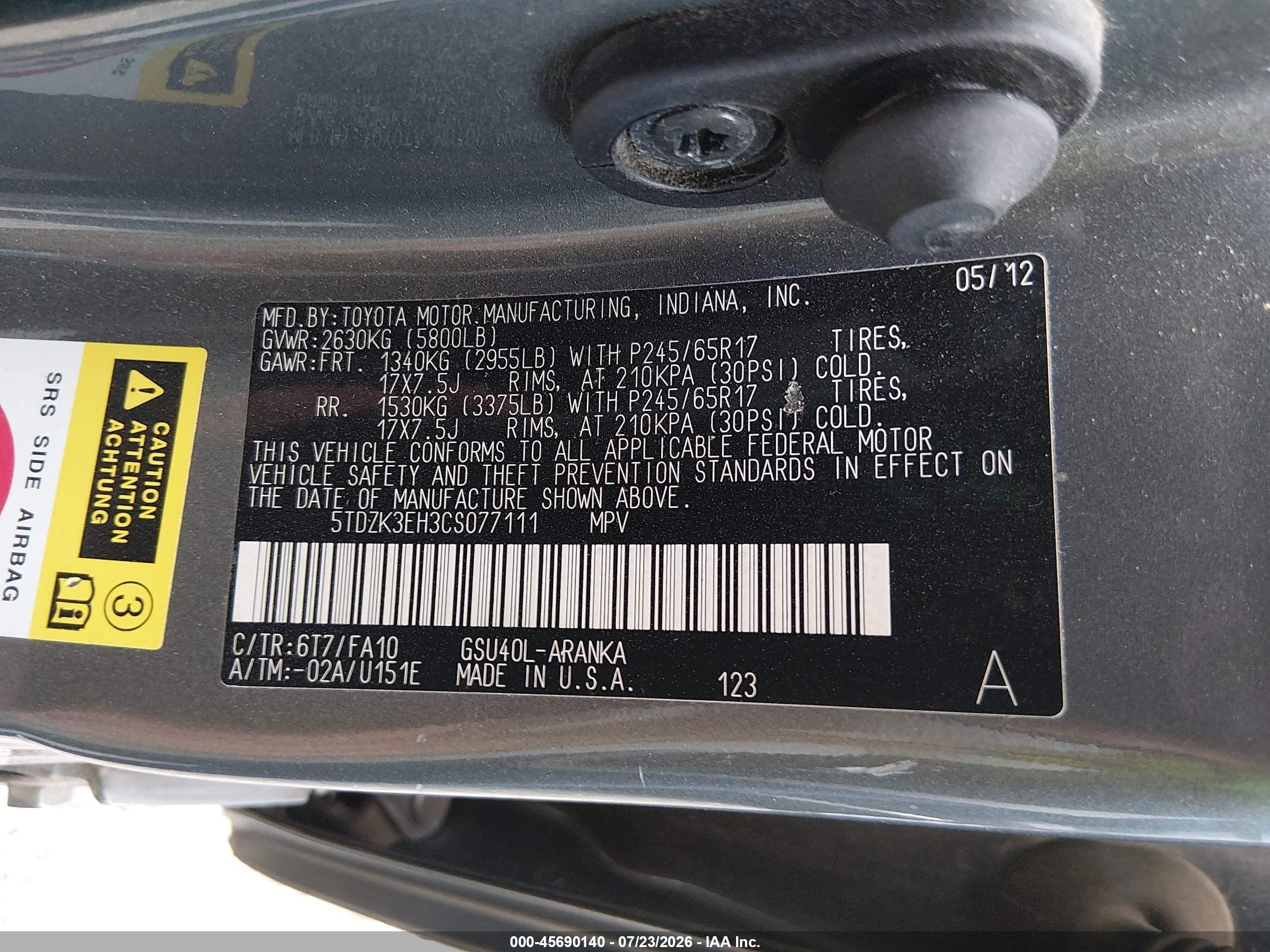 2012 Toyota Highlander Base V6 Gray vin: 5TDZK3EH3CS077111