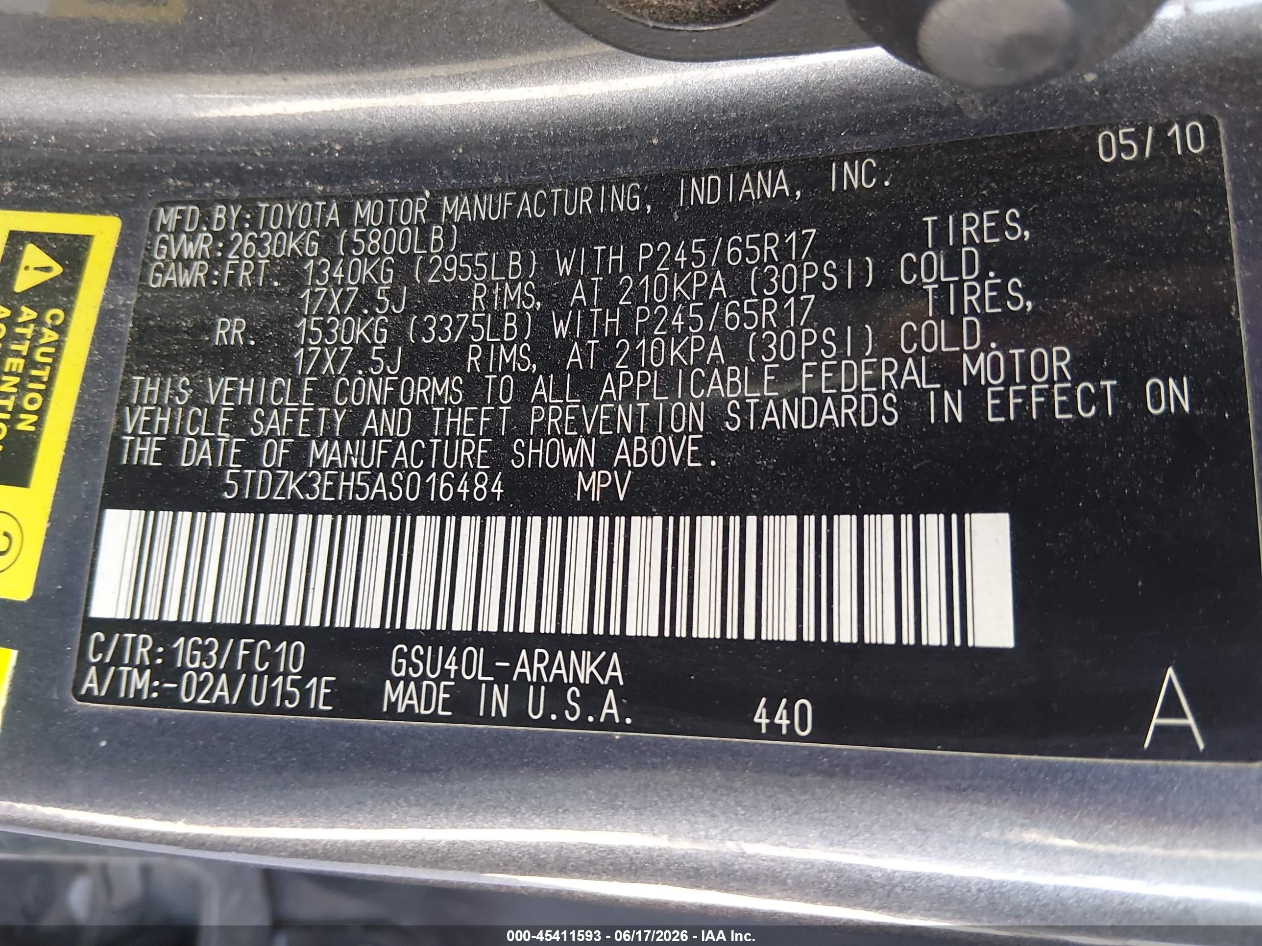 2010 Toyota Highlander Base V6 Серый vin: 5TDZK3EH5AS016484