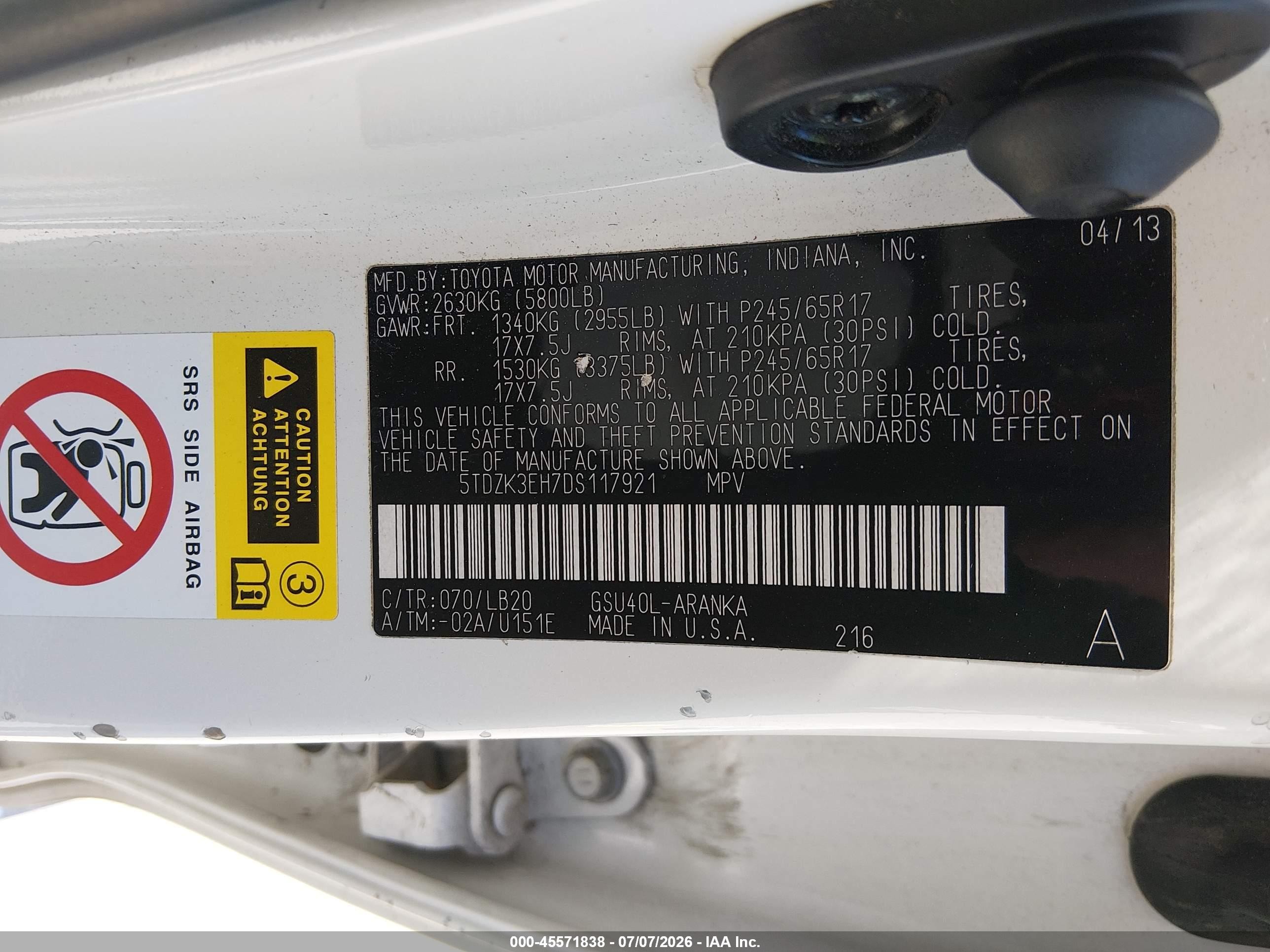 2013 Toyota Highlander Se V6 White vin: 5TDZK3EH7DS117921