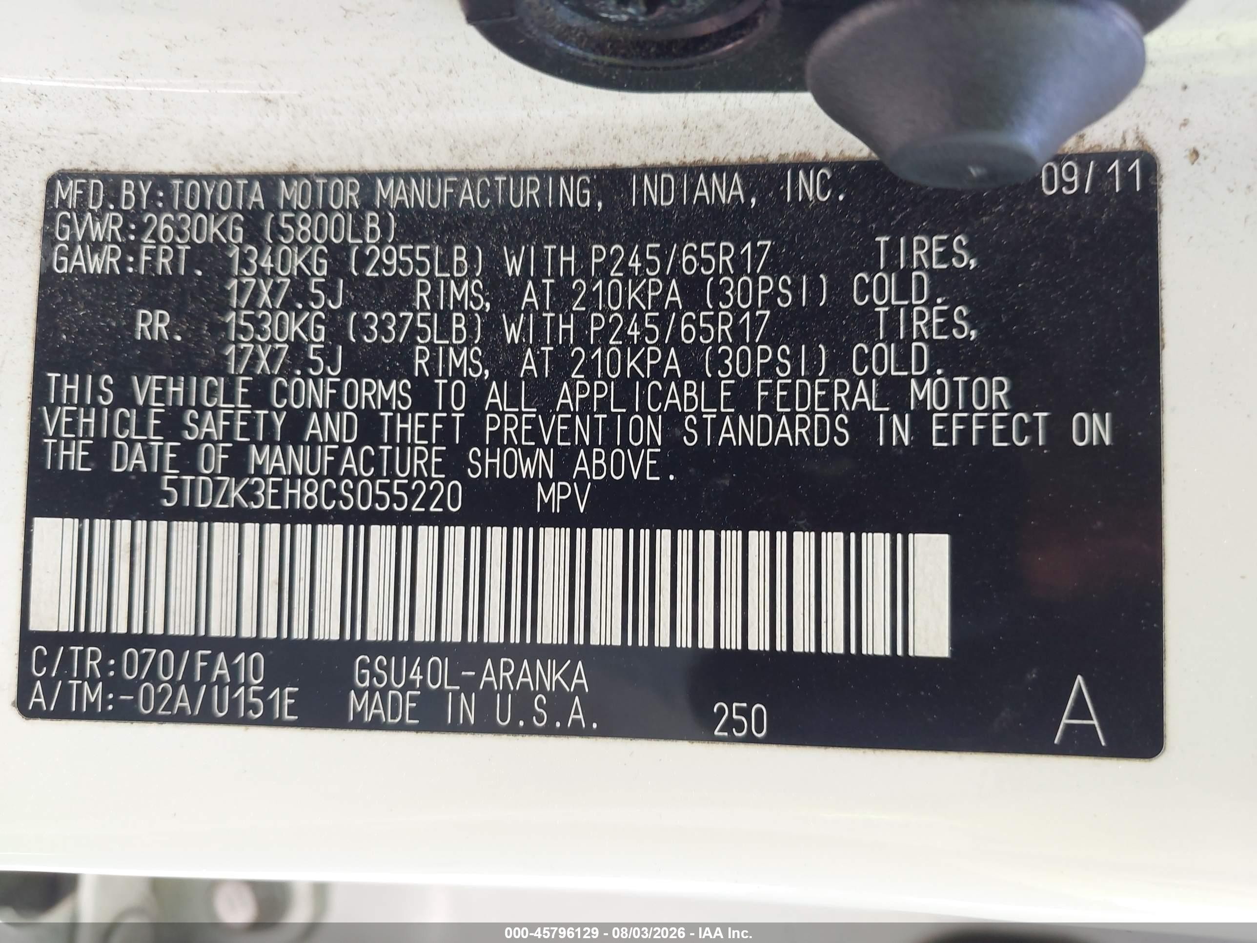 2012 Toyota Highlander Base V6 White vin: 5TDZK3EH8CS055220