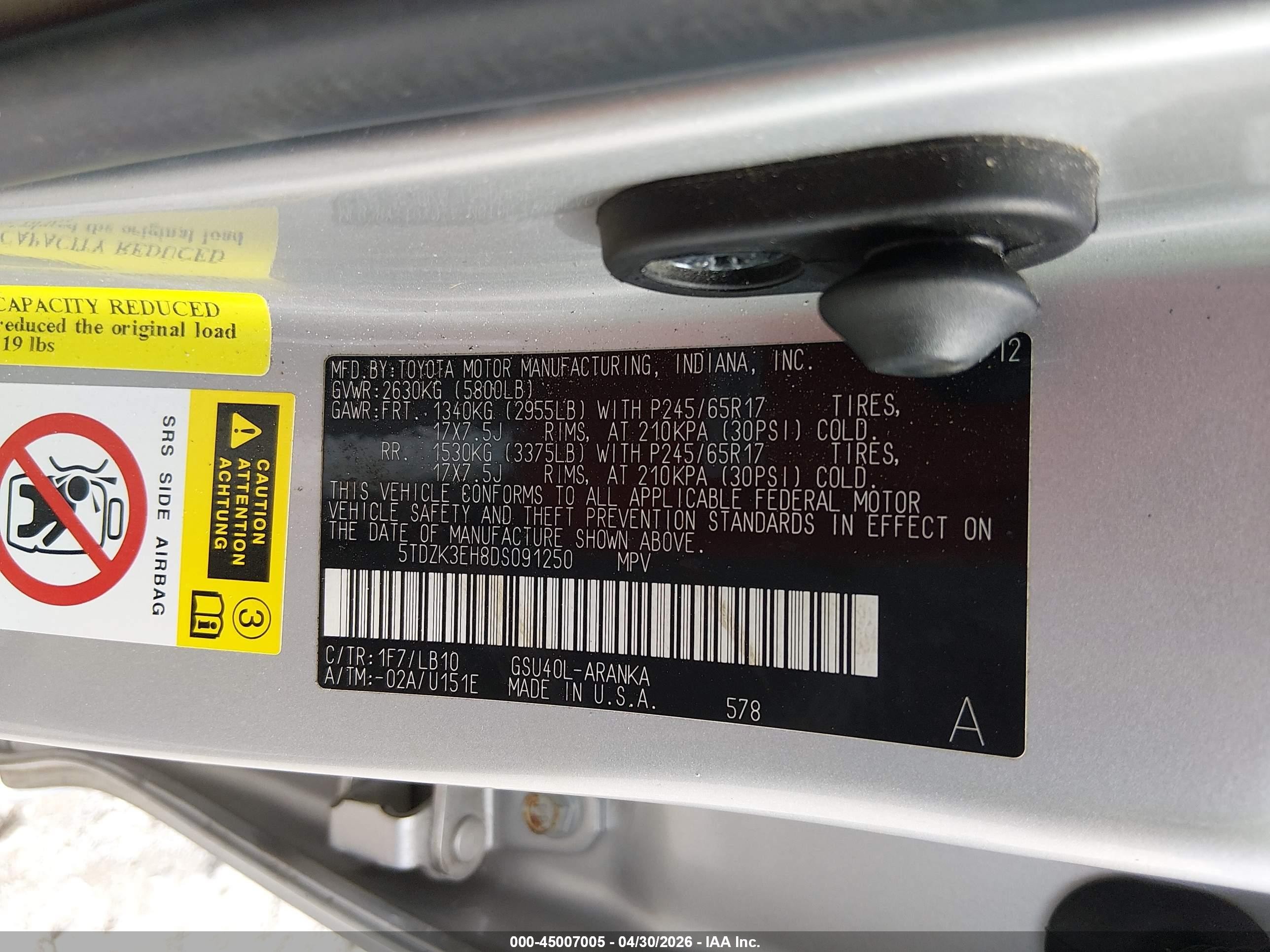 2013 Toyota Highlander Base Plus V6/base V6/se V6 Silver vin: 5TDZK3EH8DS091250