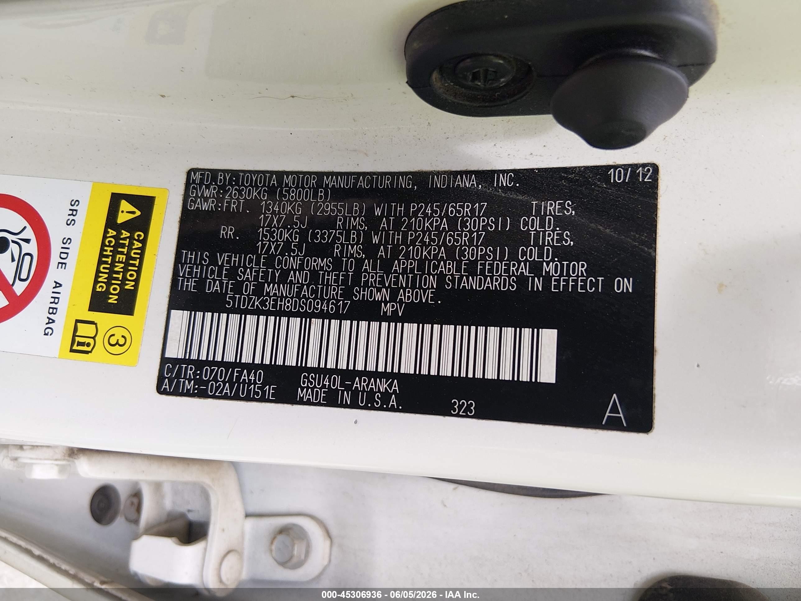 2013 Toyota Highlander Base Plus V6 White vin: 5TDZK3EH8DS094617