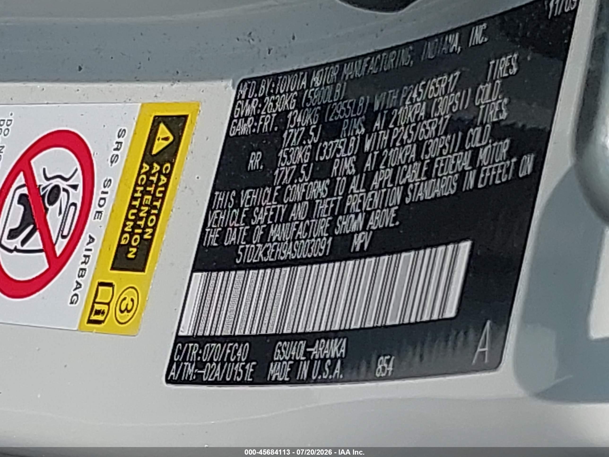 2010 Toyota Highlander Base V6 White vin: 5TDZK3EH9AS003091